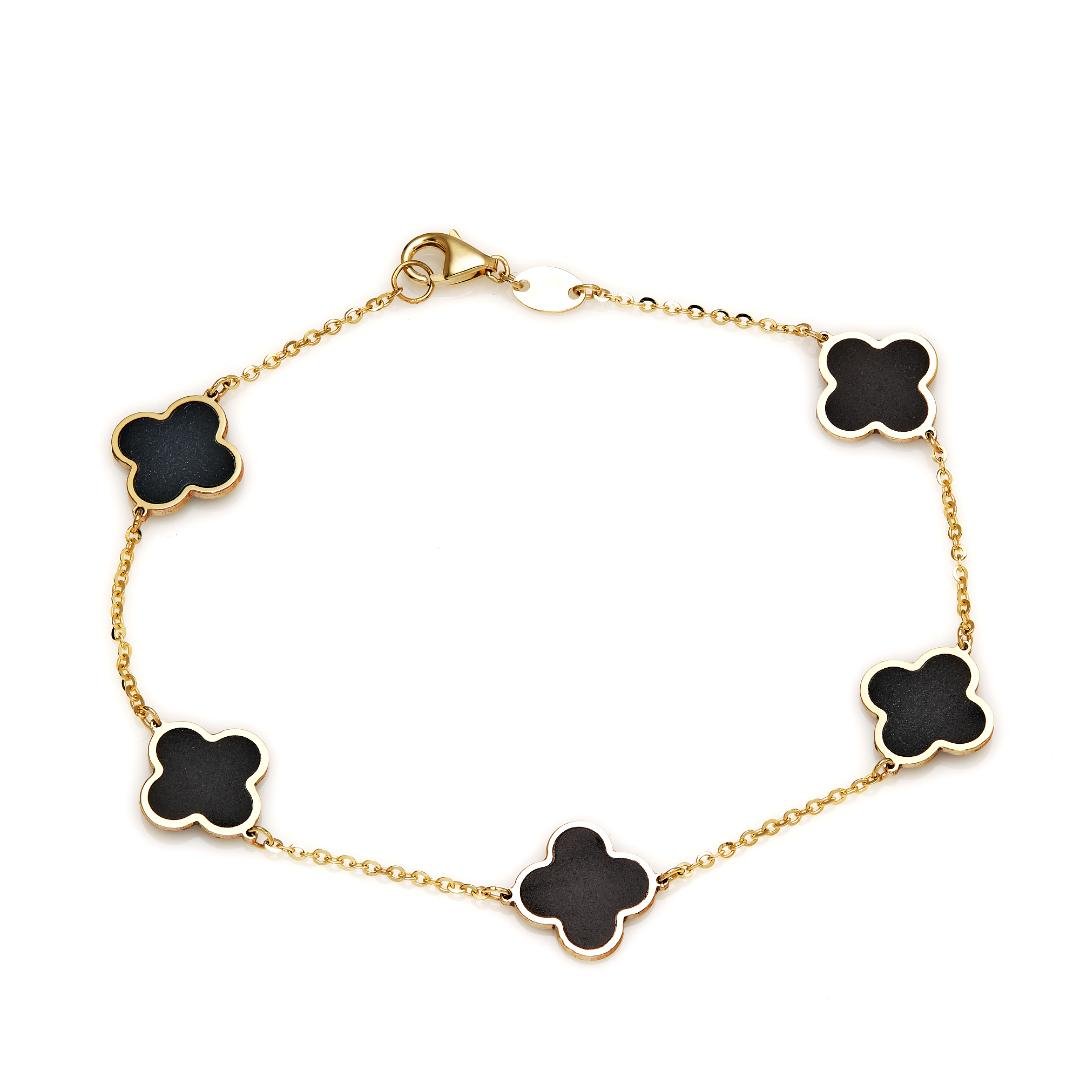 14K solid yellow gold onyx four leaf clover bracelet with lobster claw clasp, 7-inch chain length.