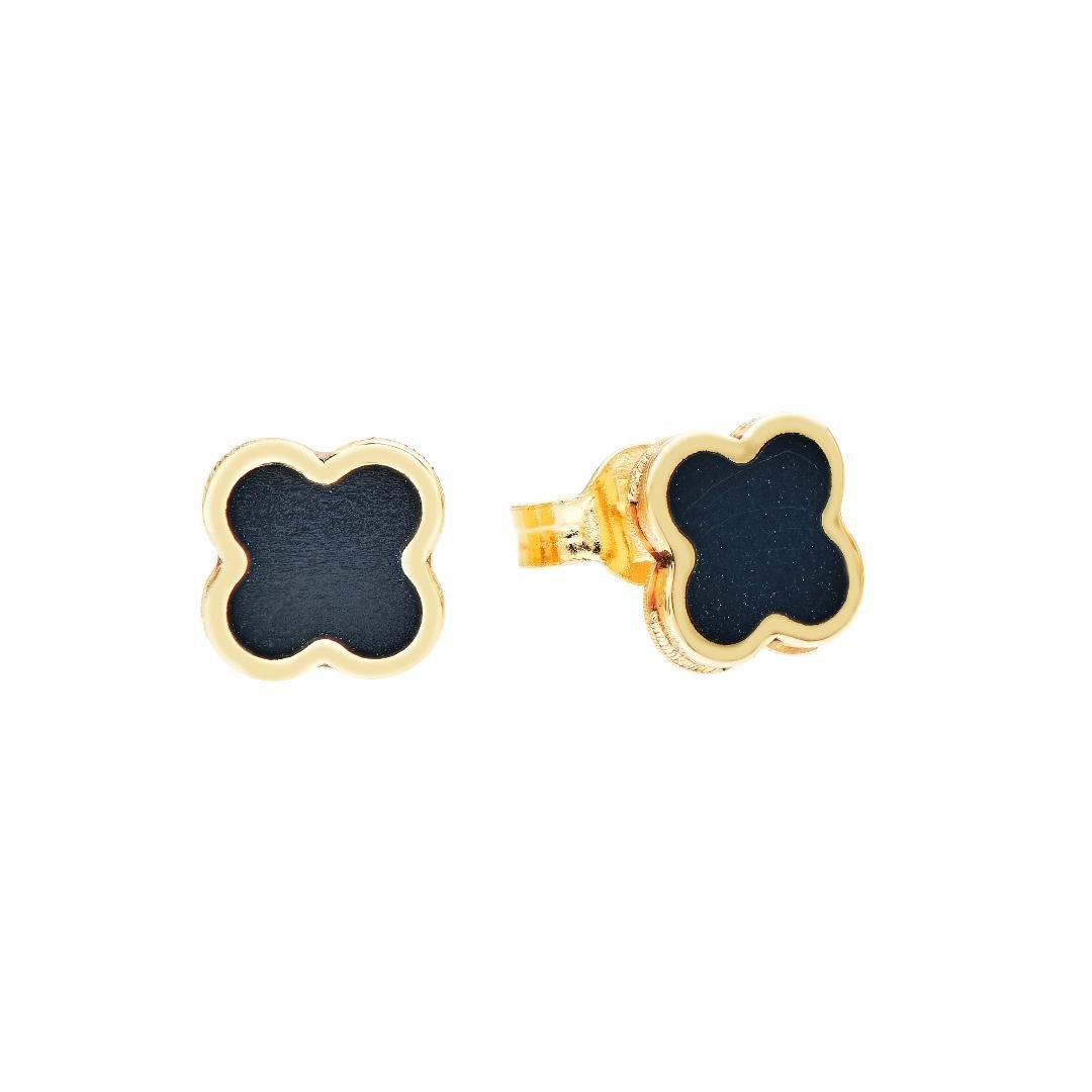 14K yellow gold onyx four leaf clover stud earrings, dainty design perfect for everyday wear.