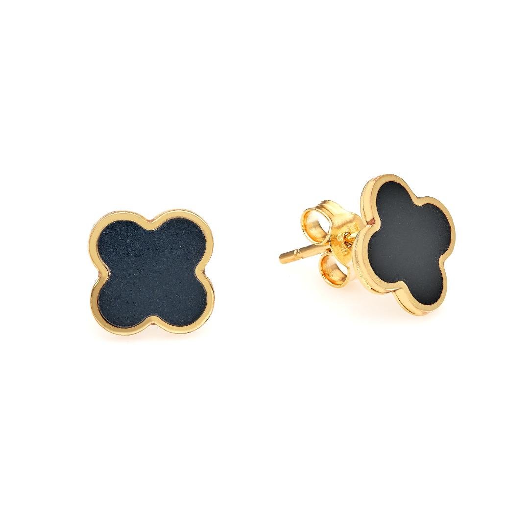 14K yellow gold onyx four leaf clover stud earrings, perfect for everyday wear and stylish elegance.