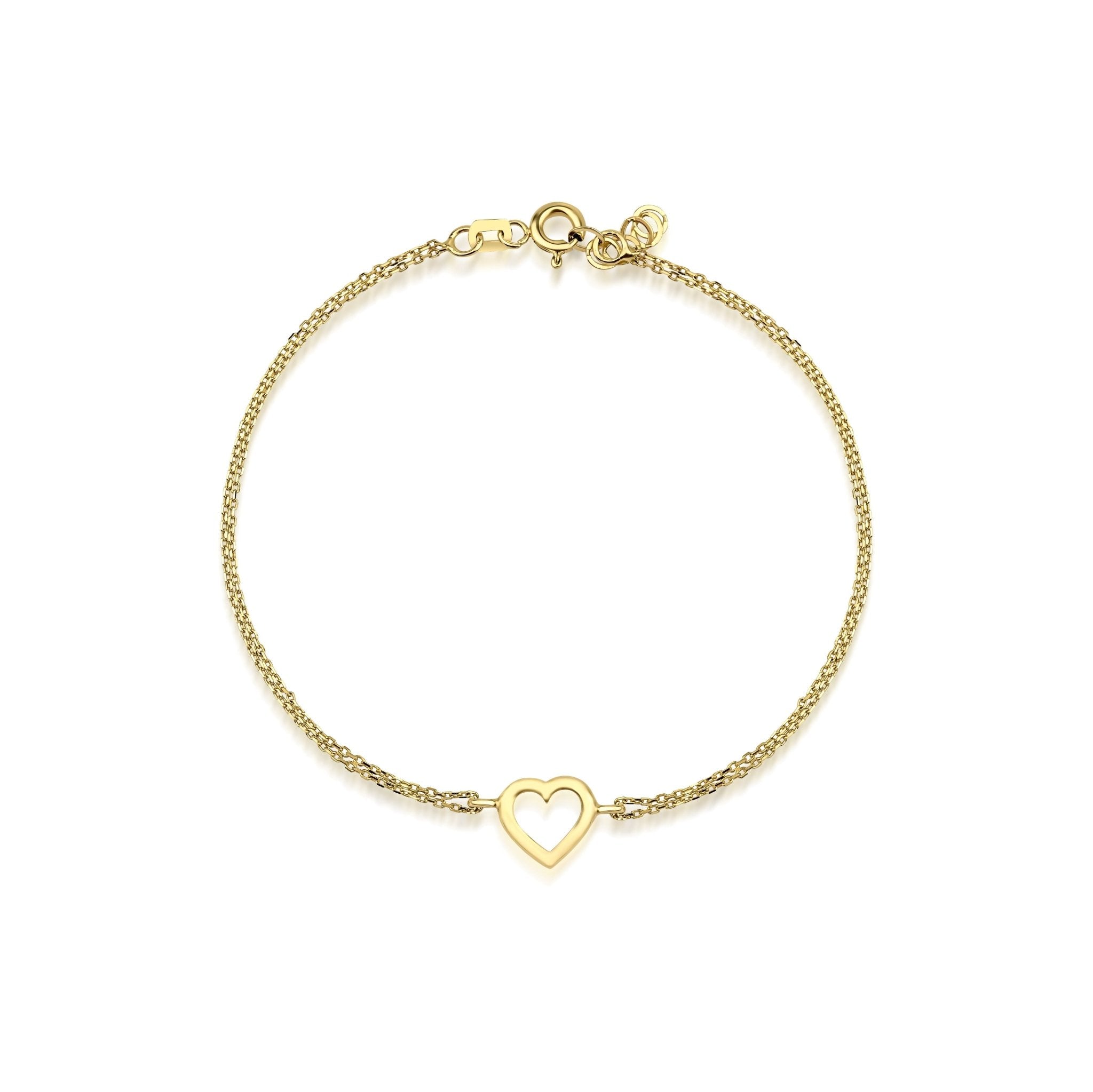 14K yellow gold open heart bracelet, delicate design, perfect for everyday wear, adjustable length from 6.5 to 7 inches.