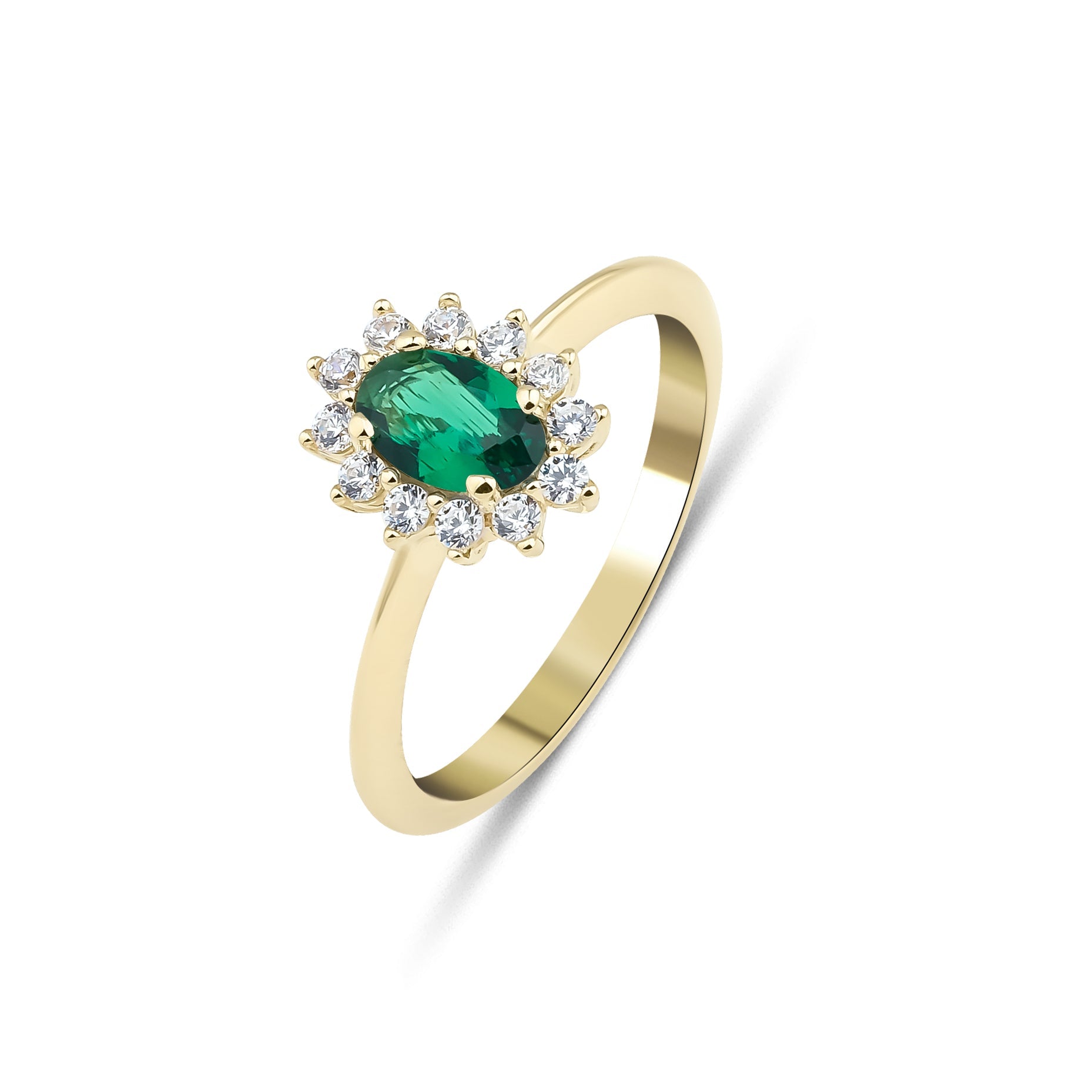 14K yellow gold oval emerald ring with CZ side stones, women's wedding band, elegant and stunning design.