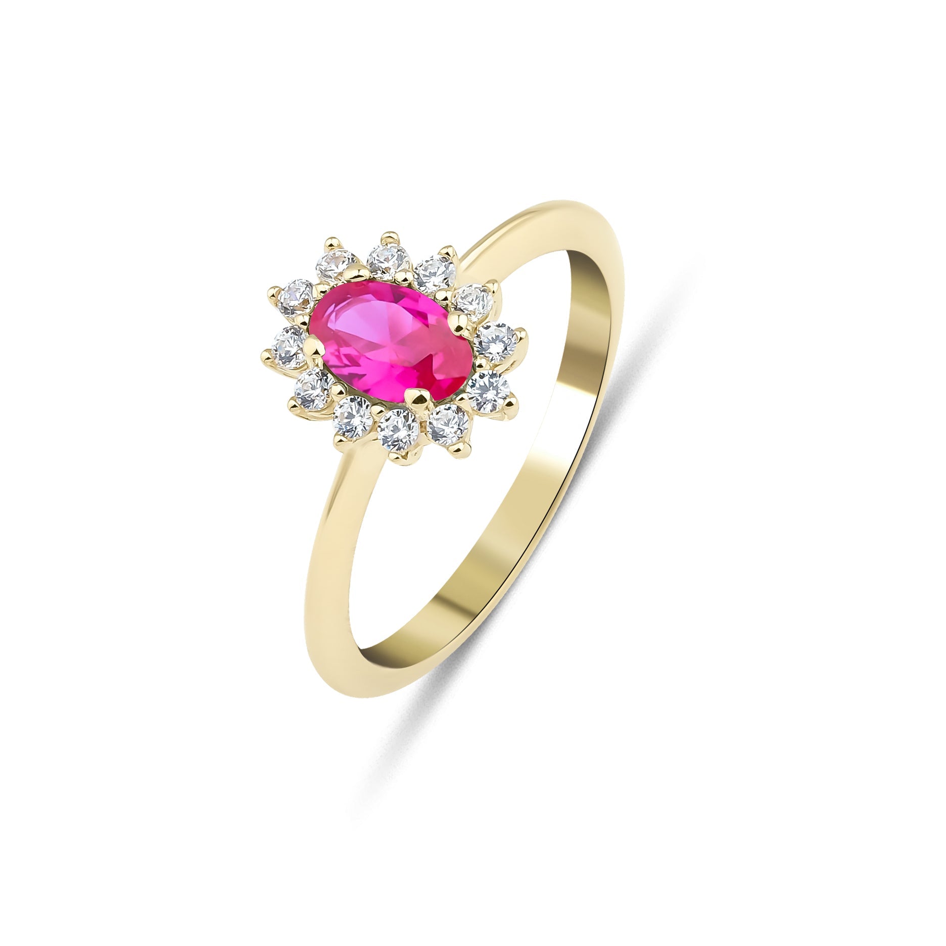 14K yellow gold oval ruby ring with CZ stones, perfect for women's wedding bands, beautifully packaged in a gift box.