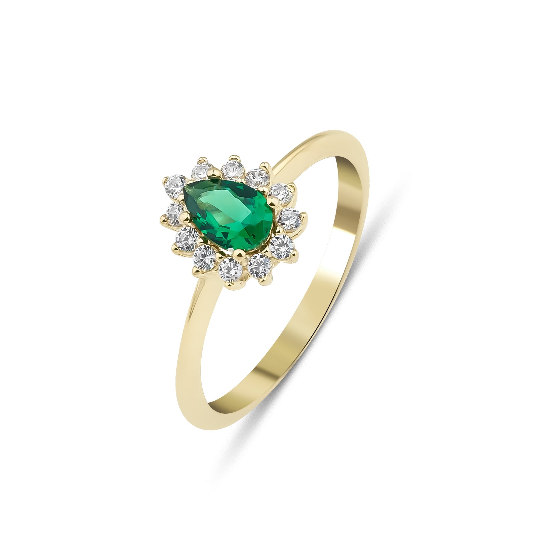 14K yellow gold ring featuring a pear shape emerald surrounded by cubic zirconia, perfect for women.