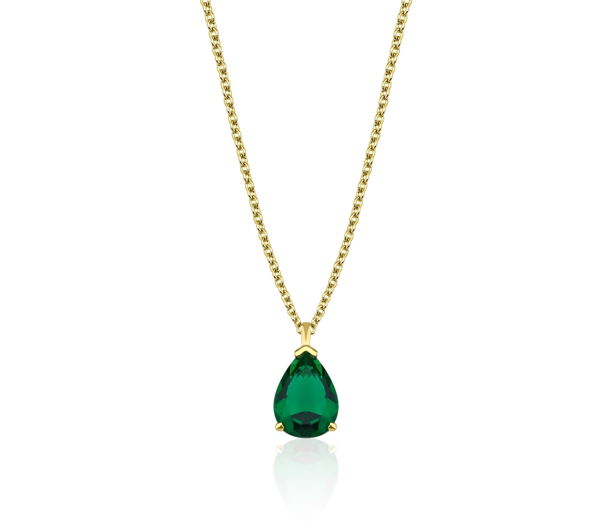 14K yellow gold pear shape emerald solitaire necklace with a delicate chain, ideal for everyday wear.