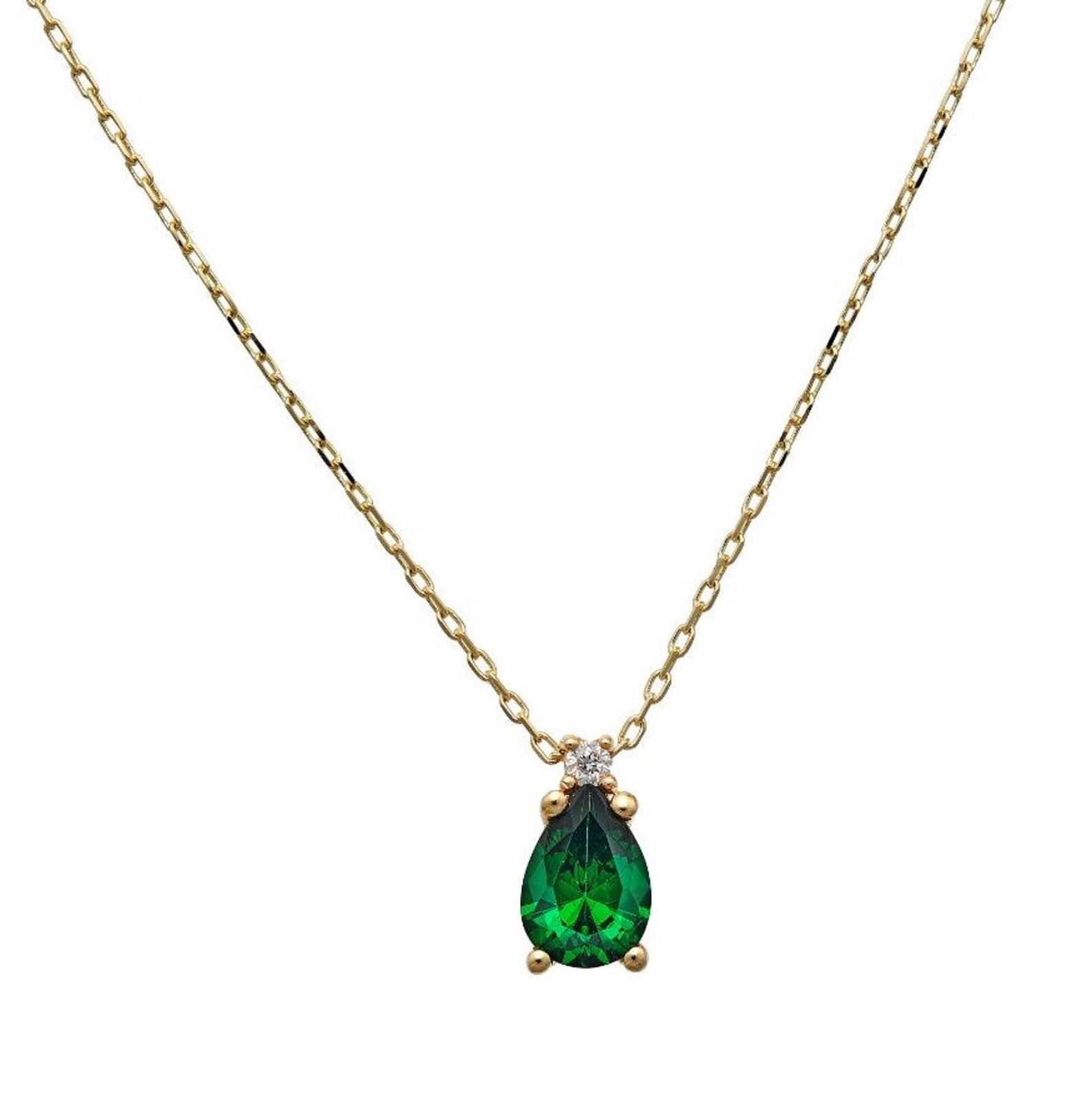 14K yellow gold pear shape emerald solitaire necklace with natural diamonds, 16-inch chain, elegant and dainty design.
