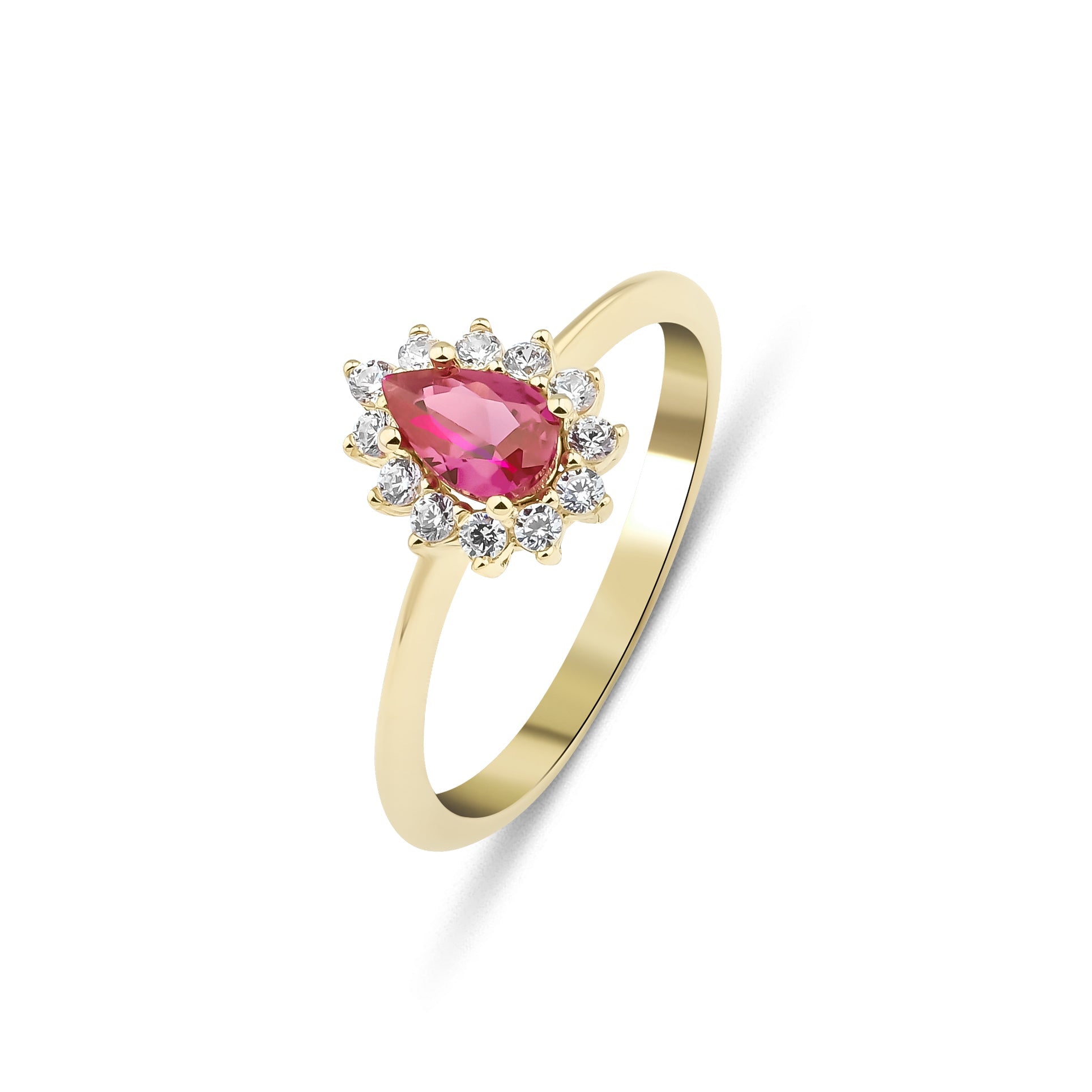14K yellow gold pear shape ruby ring with CZ stones, women's wedding ring, elegant jewelry gift.