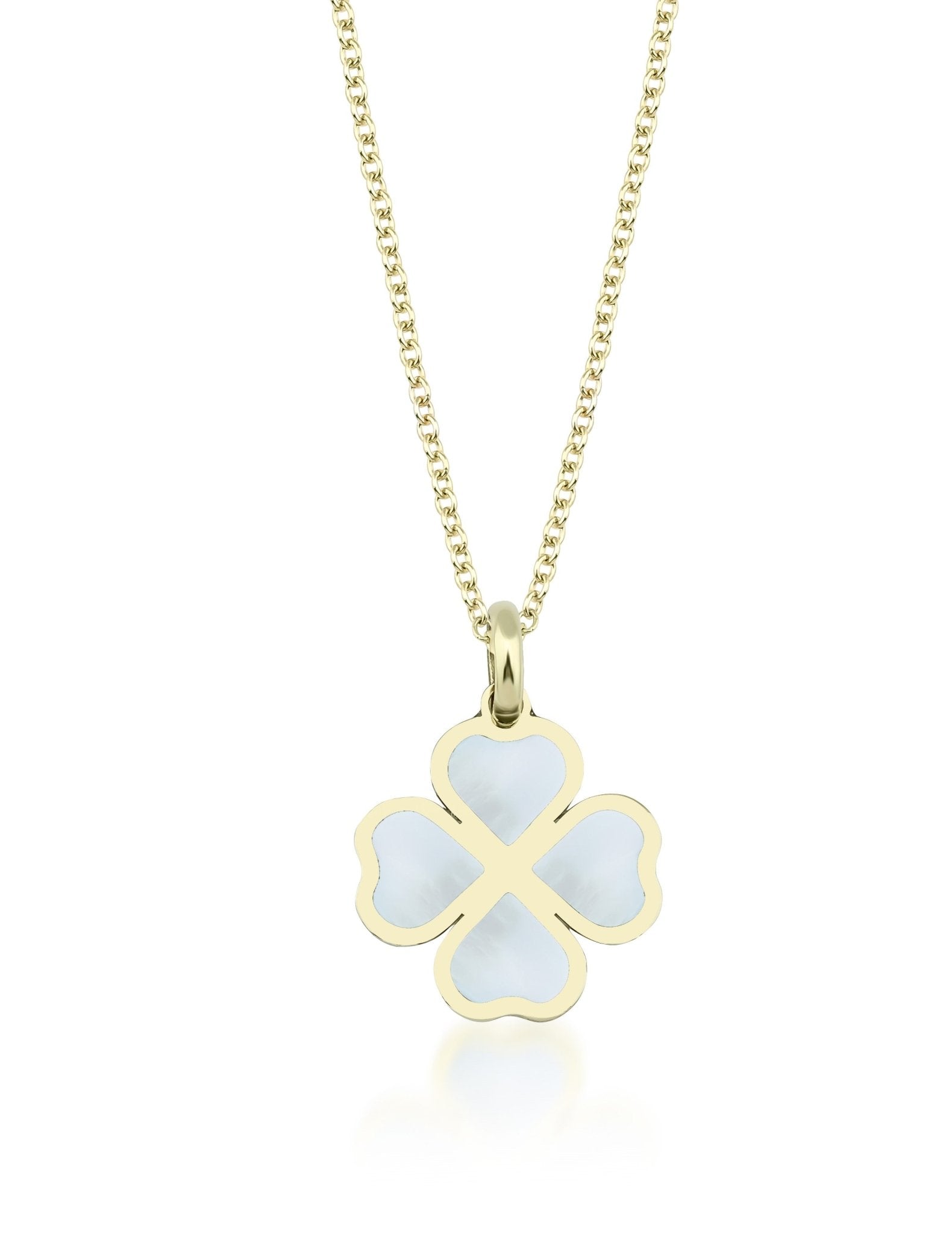 14K yellow gold four leaf clover necklace with natural mother of pearl pendant, elegant and dainty jewelry for everyday wear.