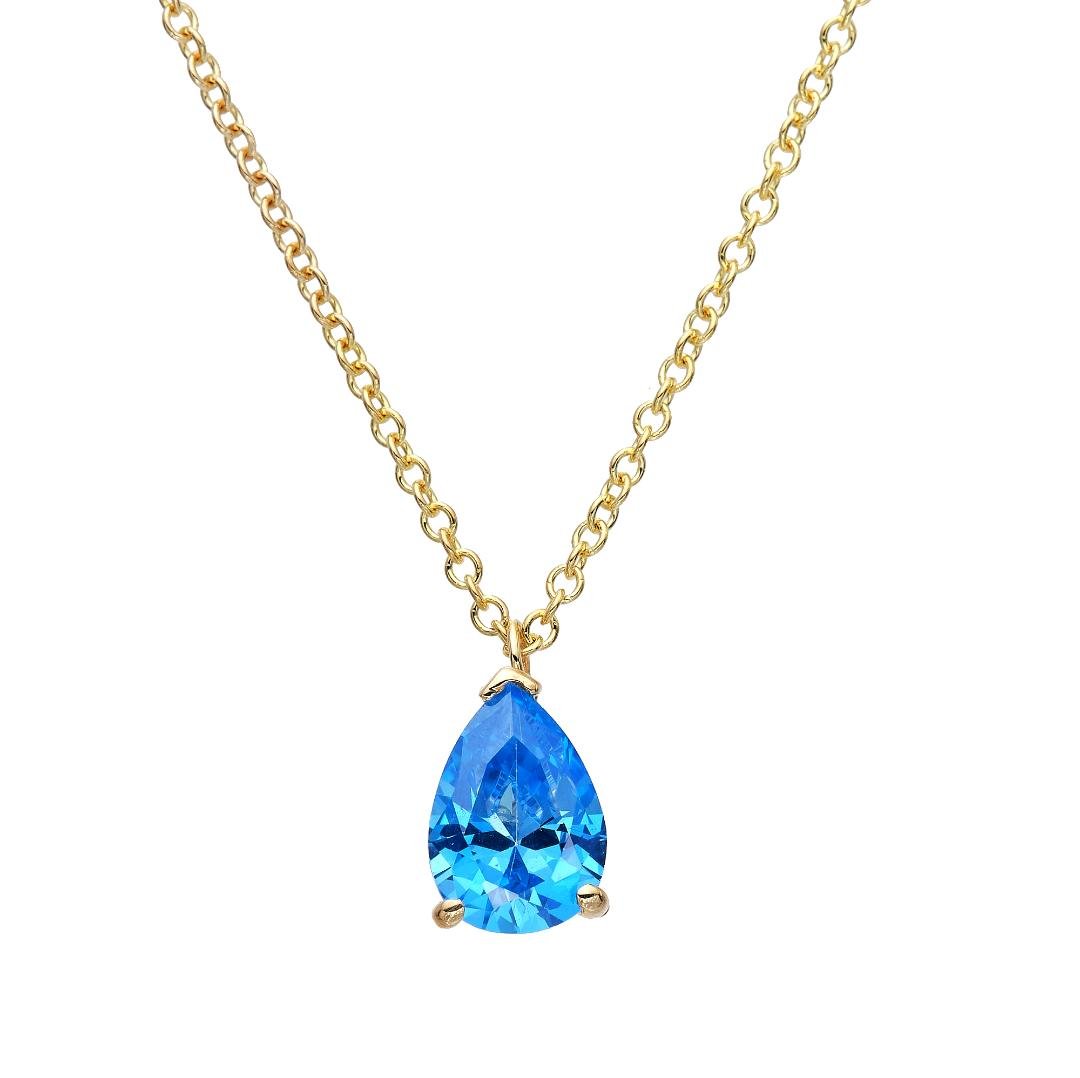 Dainty 14K yellow gold necklace featuring a pear-shaped blue aquamarine pendant, perfect for everyday wear.