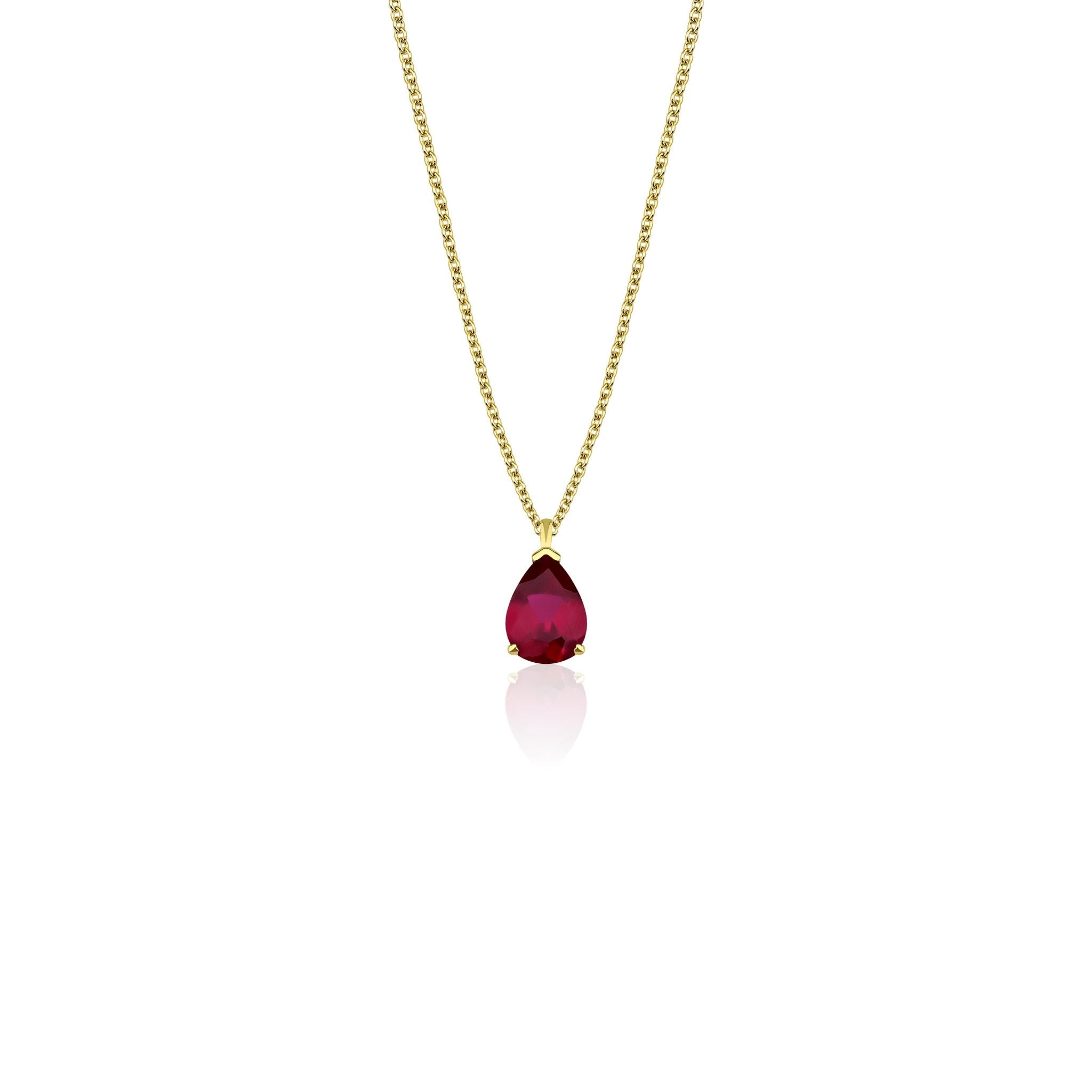 14K yellow gold pearl shape ruby necklace with a delicate chain, perfect for everyday wear.
