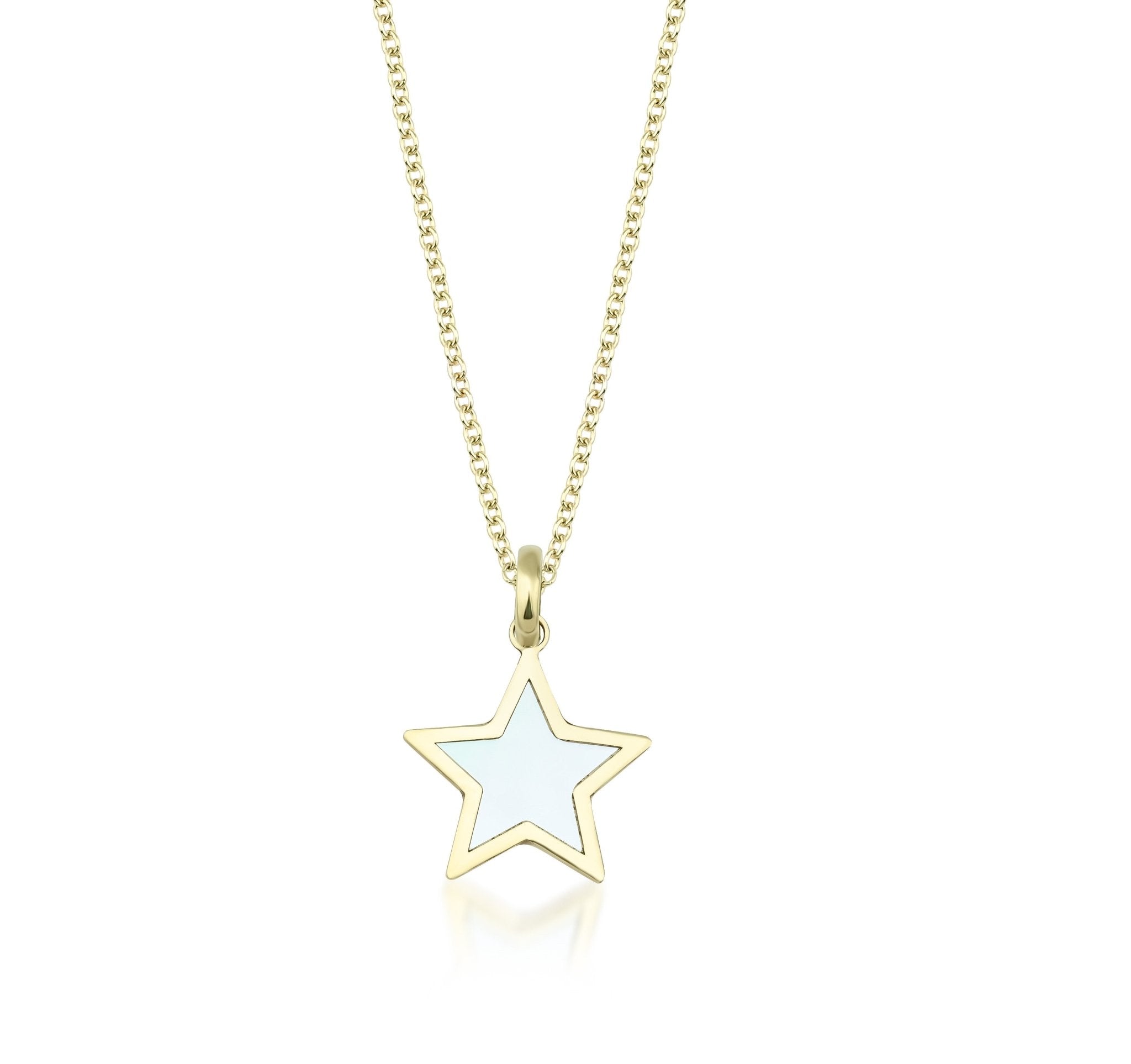 14K yellow gold mother of pearl star necklace with delicate chain, perfect for everyday wear.
