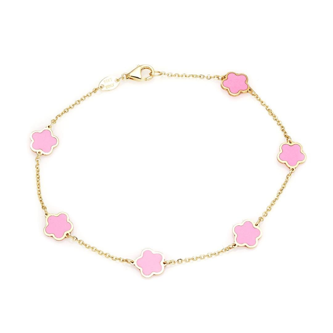 14K yellow gold bracelet with pink daisy flower design, dainty and elegant, perfect for everyday wear.
