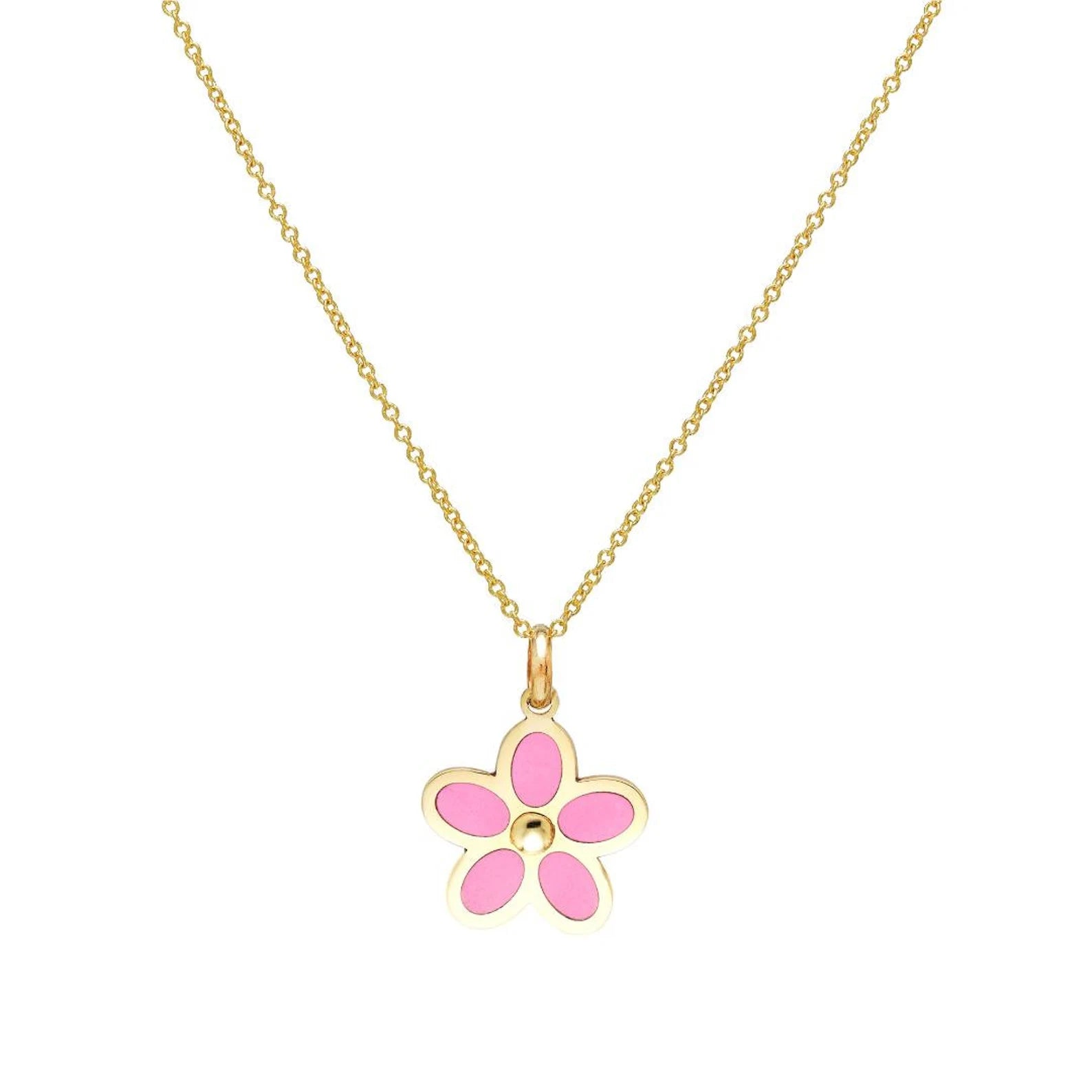 14K yellow gold pink daisy flower pendant necklace, delicate jewelry perfect for everyday wear.