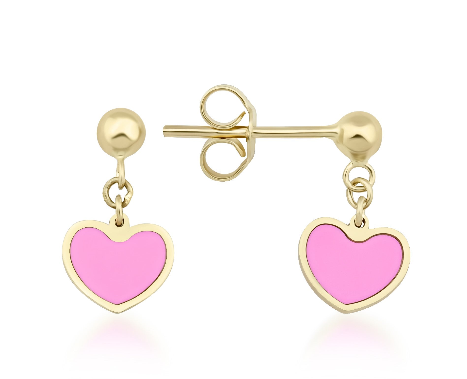 14K solid yellow gold pink heart earrings, minimalist design, dangle style, perfect for everyday wear.