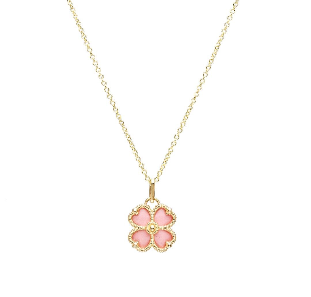 14K yellow gold pink enamel clover pendant necklace, perfect for everyday wear, comes in a gift box.