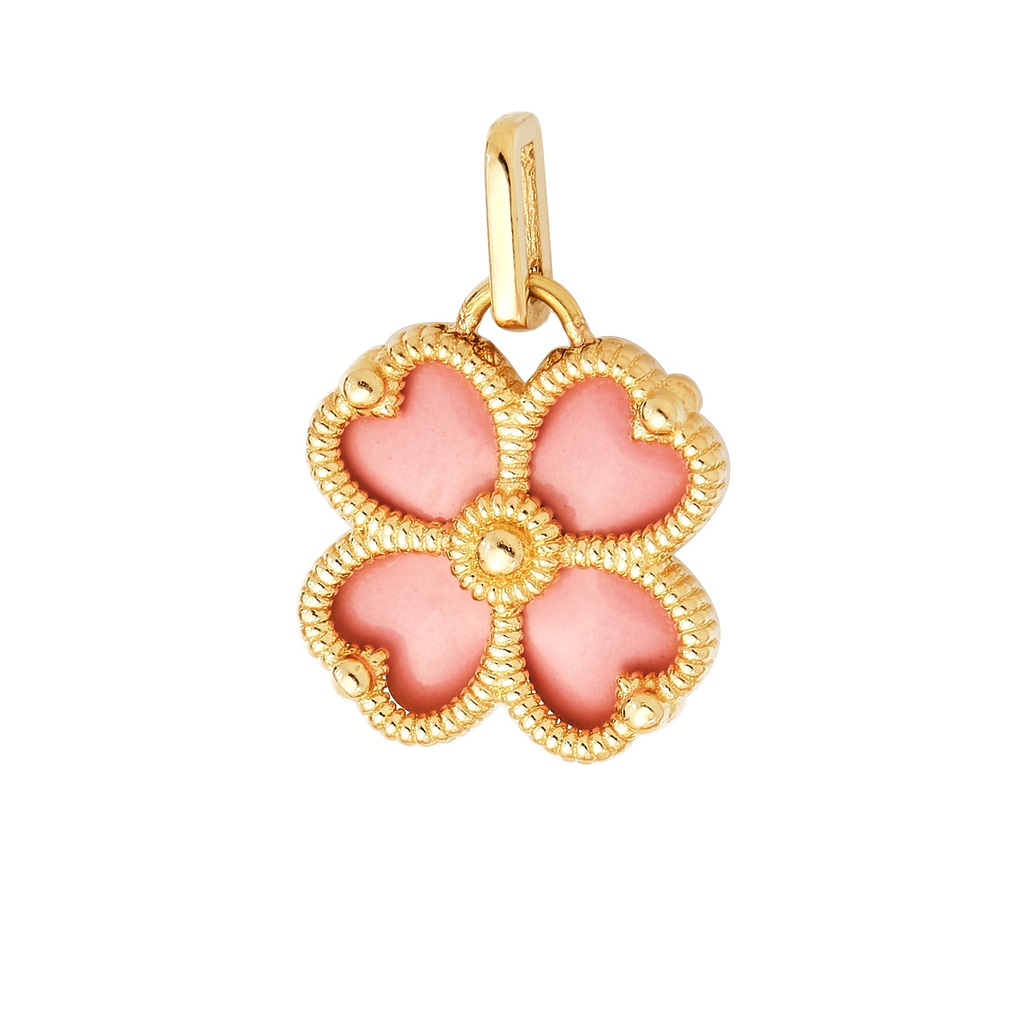 14K yellow gold enamel four leaf clover pendant with pink hearts, perfect for everyday wear and elegant gifting.