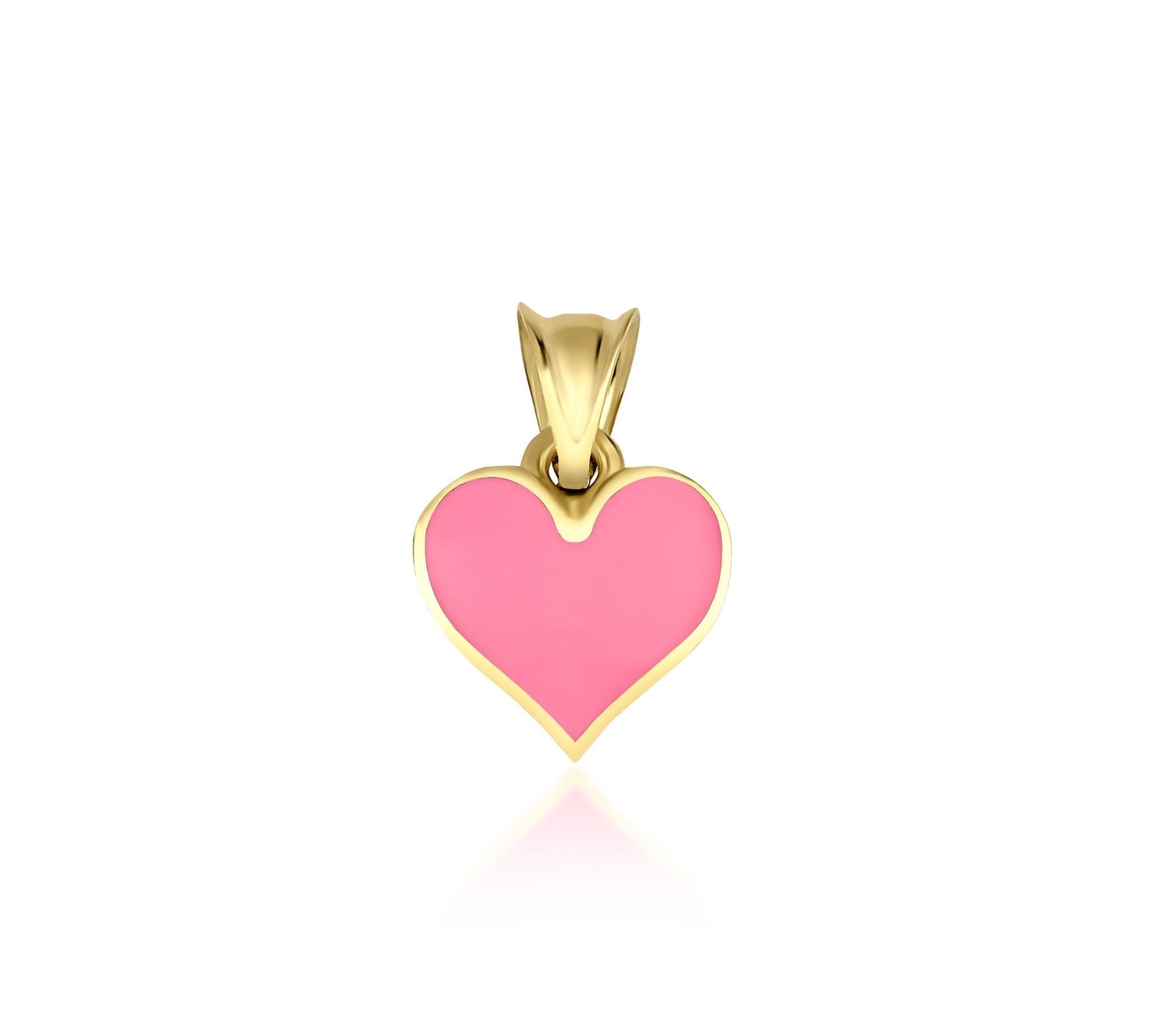 14K yellow gold heart pendant with pink enamel, dainty and elegant design, perfect for everyday wear.