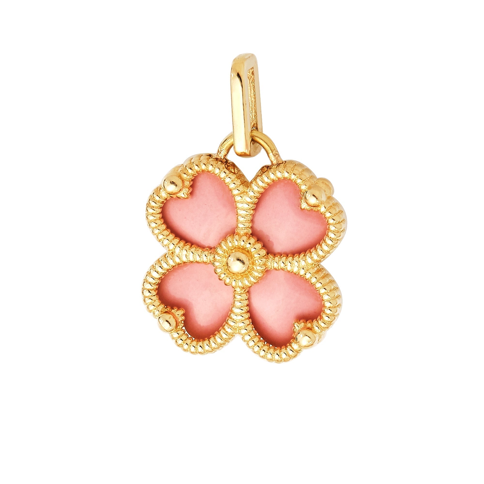 14K yellow gold pink four leaf clover pendant with heart-shaped enamel detailing, perfect for everyday wear.