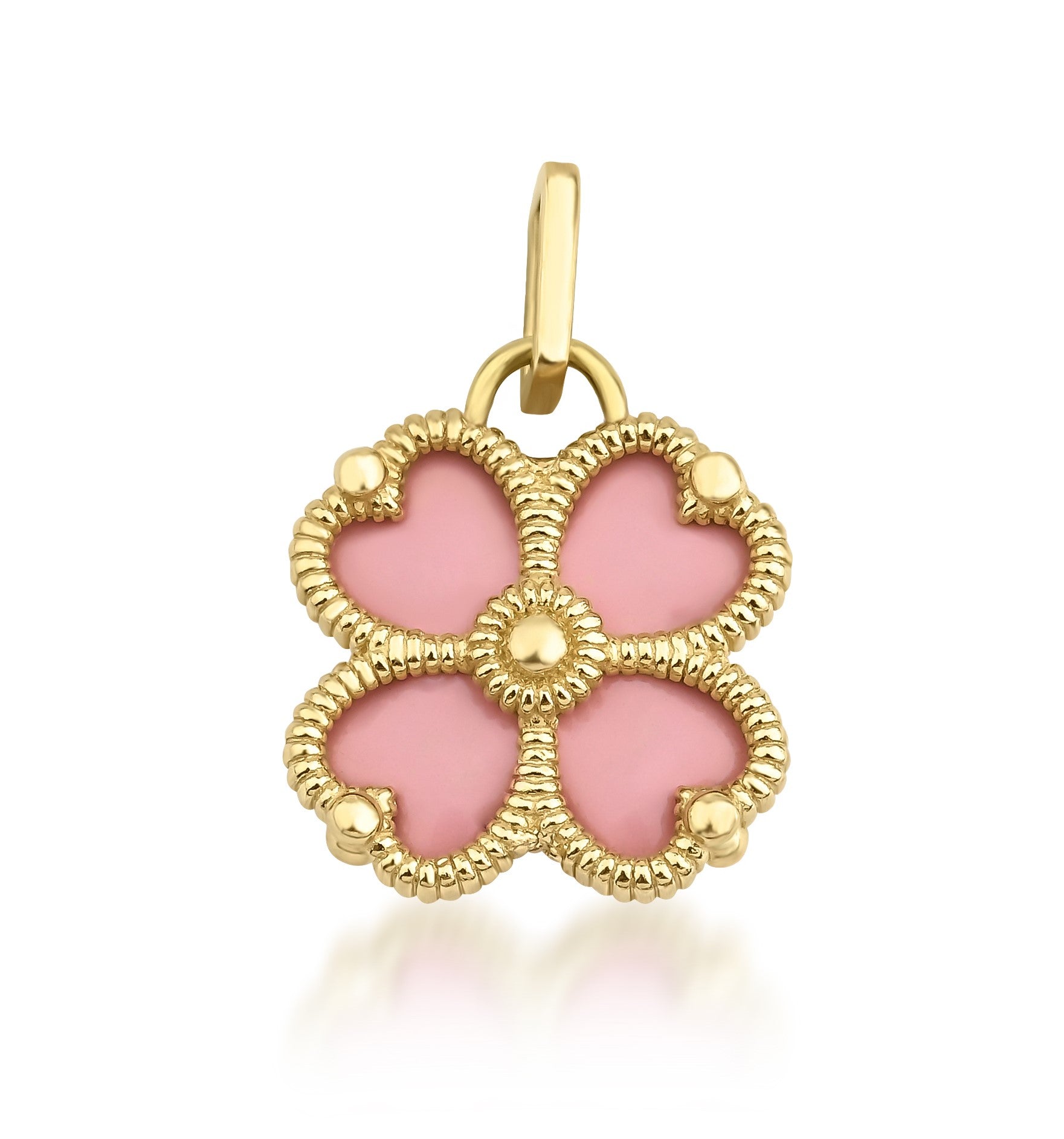 14K yellow gold pink four leaf clover pendant, delicate design perfect for everyday wear, gift-ready.