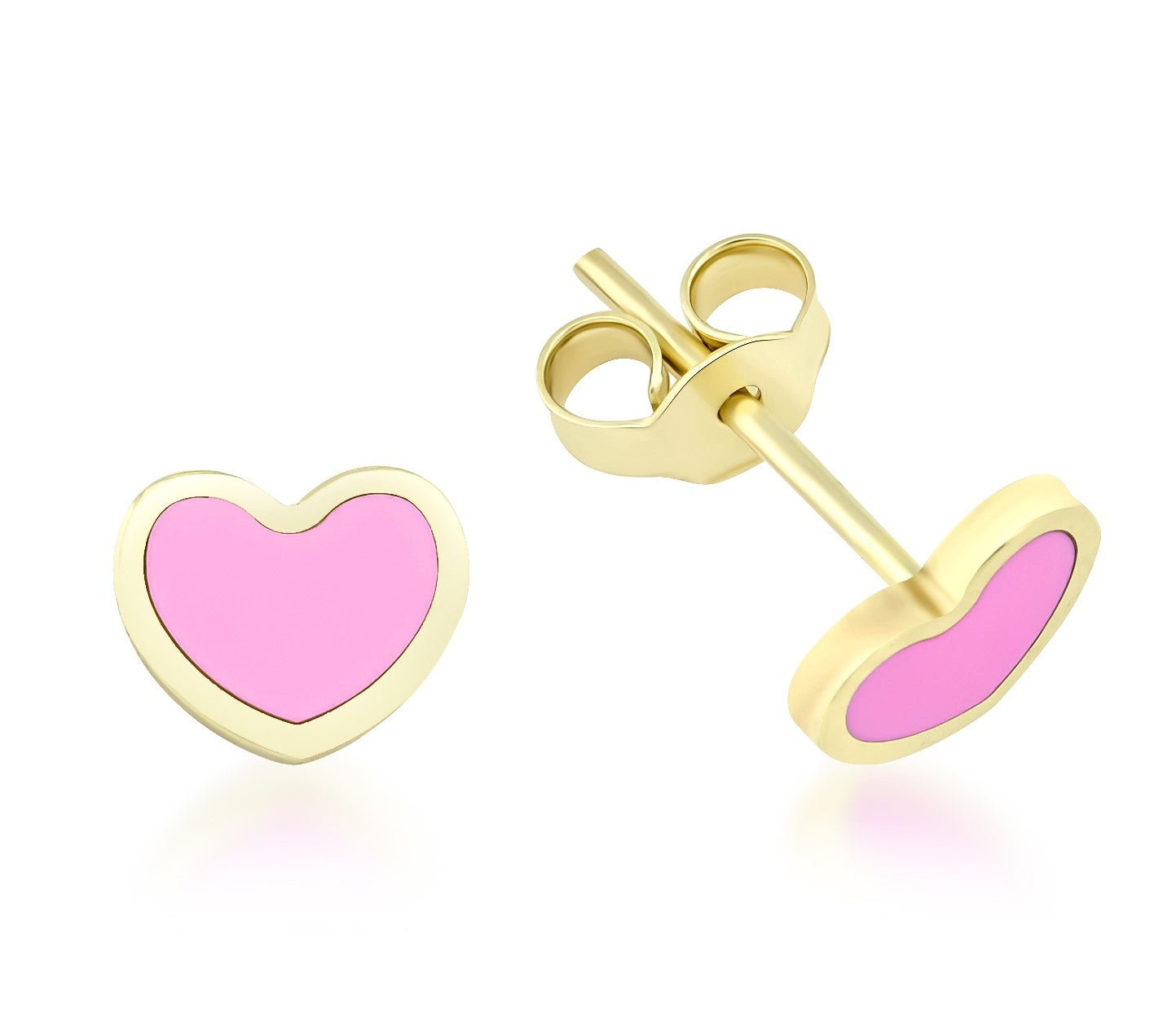14K yellow gold minimalist pink heart stud earrings for everyday wear, heart-shaped design, elegant jewelry.