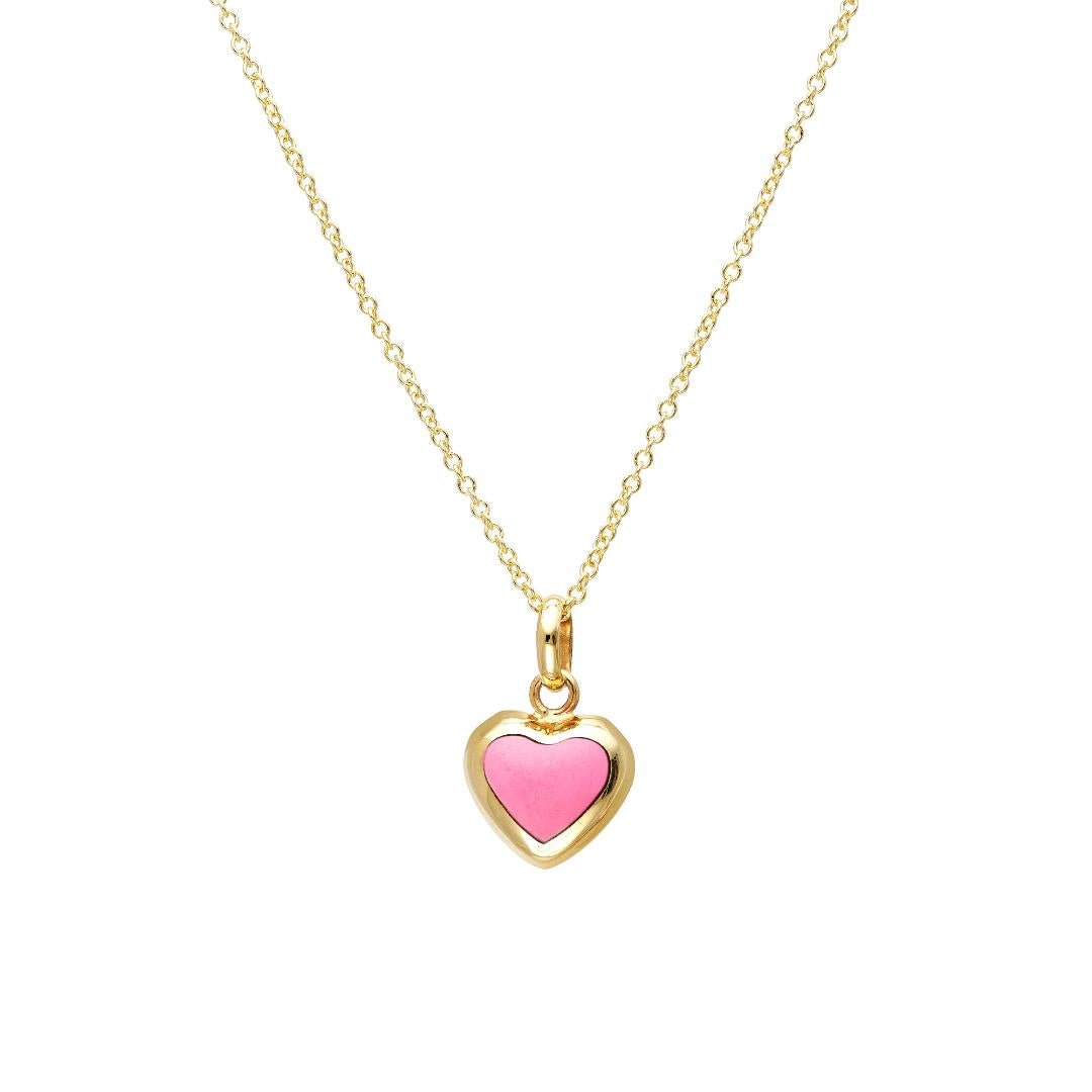 14K yellow gold pink puffed heart pendant necklace for everyday wear, elegant and classy jewelry in a gift box.