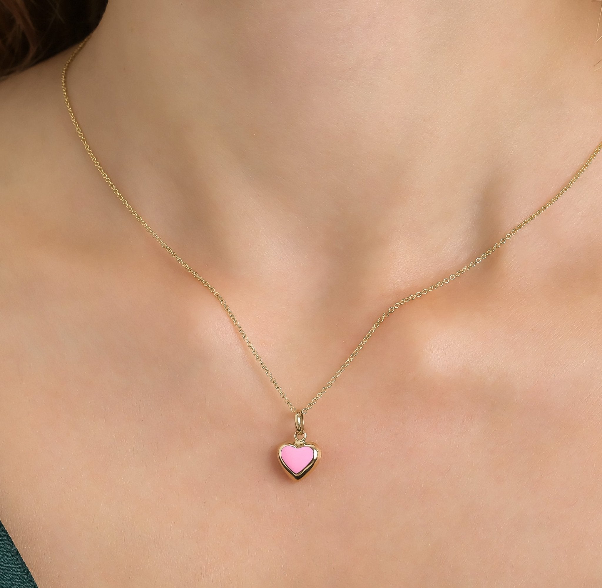 14K yellow gold necklace with pink puffed heart pendant, 9.5mm width, perfect for everyday wear.