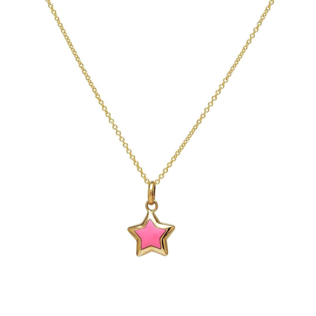 14K yellow gold necklace with pink puffed star pendant, perfect for everyday wear. Comes in a gift box.