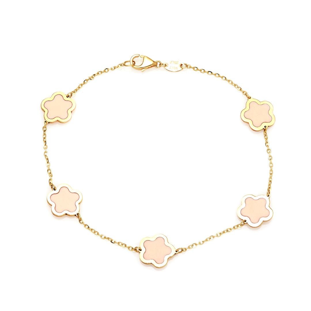 14K yellow gold pink blossom bracelet, 7 inches long, featuring a thick chain and lobster claw clasp, elegant jewelry.