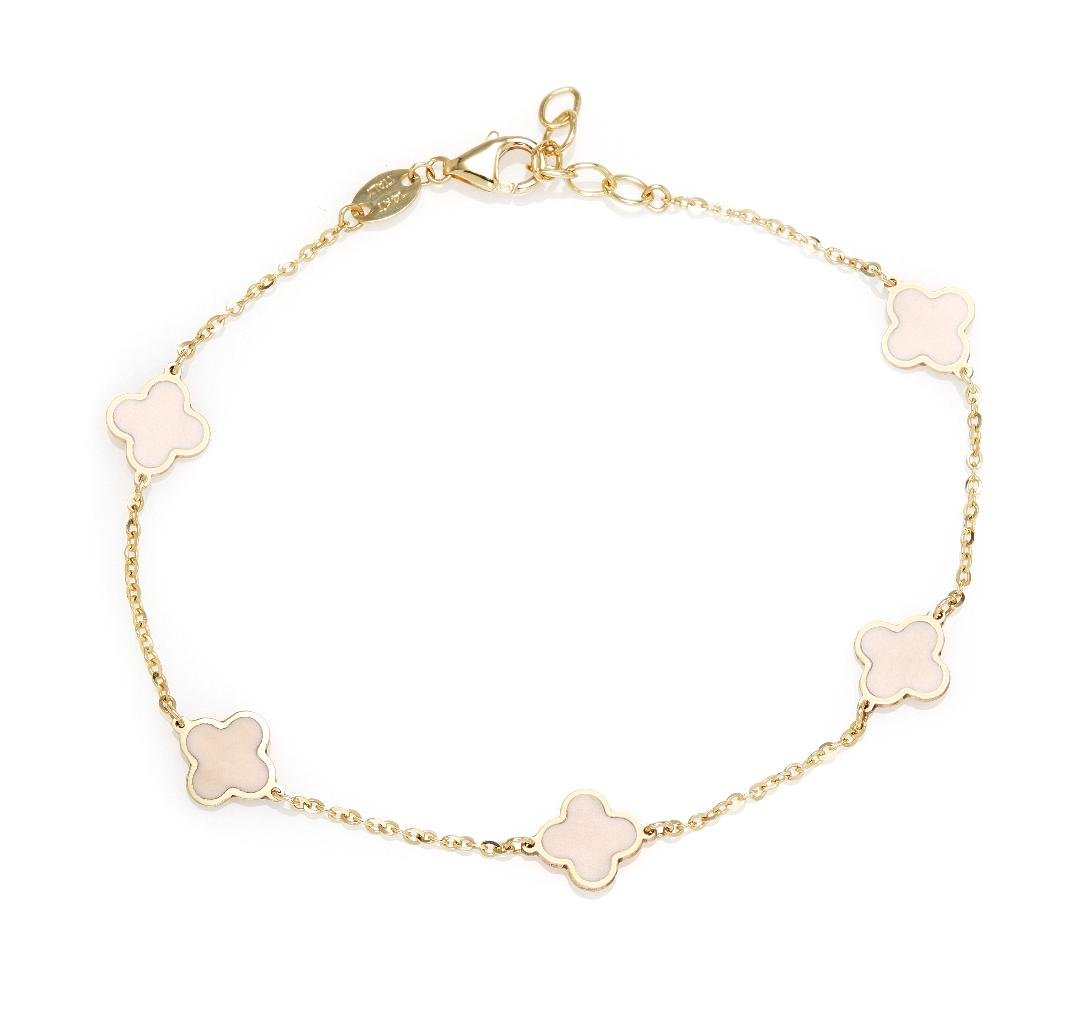 14K solid yellow gold bracelet with pink four leaf clover stations, 7 inches long, featuring a lobster claw clasp.
