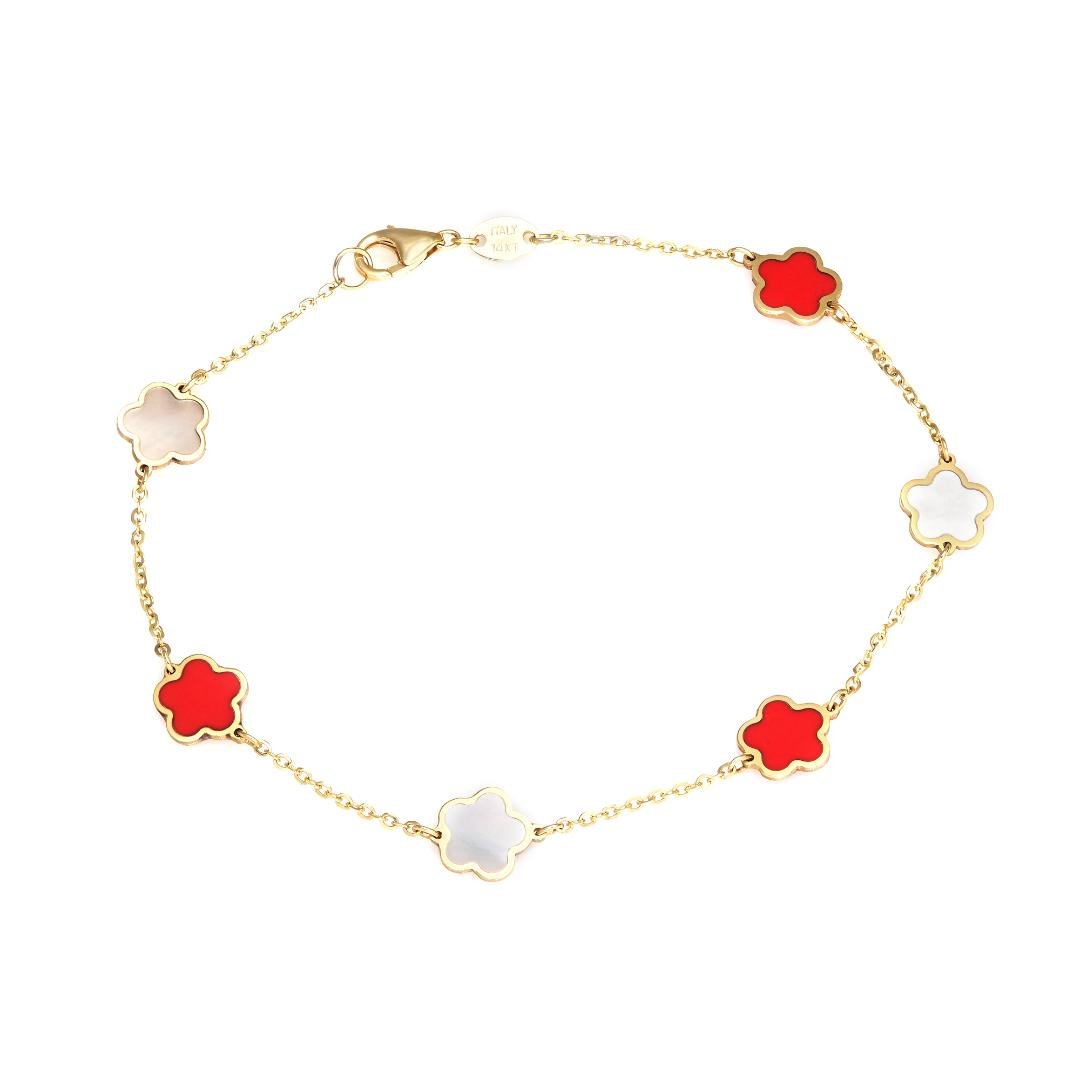 14K yellow gold bracelet with red coral and mother of pearl flowers, 7 inches long, elegant and classy design.
