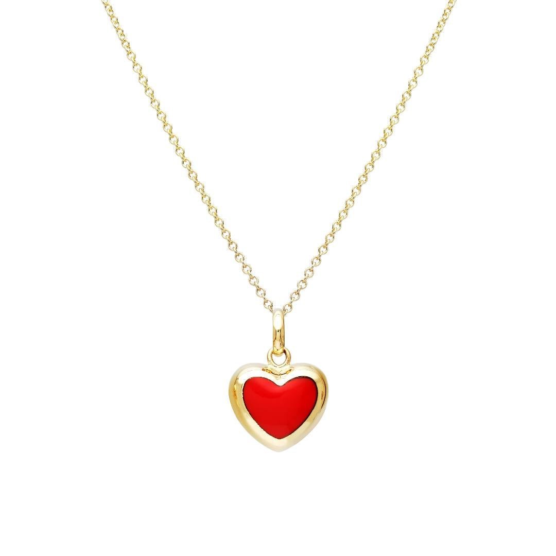 14K yellow gold necklace featuring a red coral puffed heart pendant, elegant and perfect for everyday wear.
