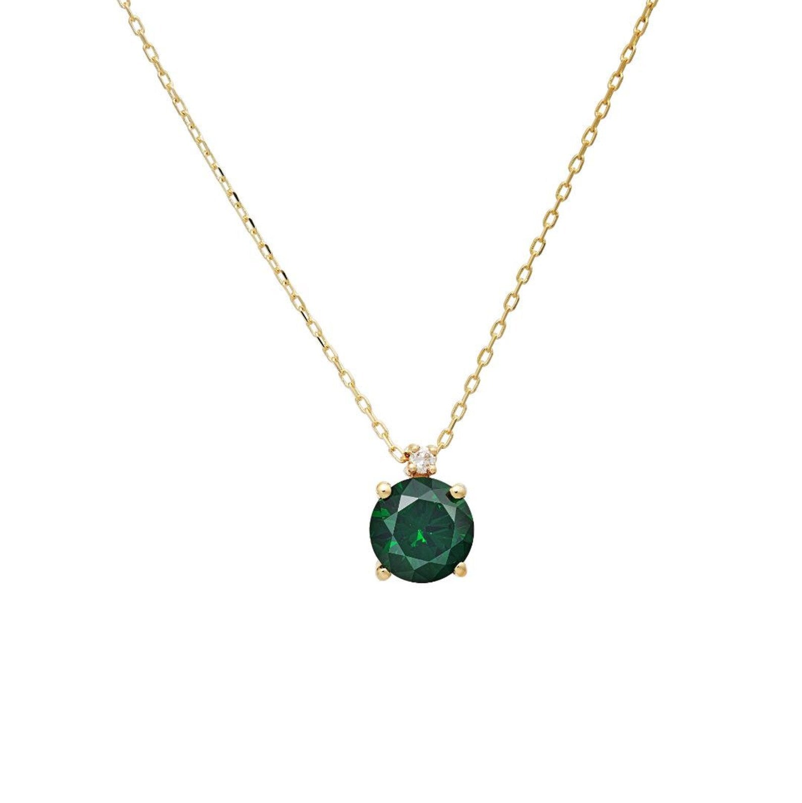 14K yellow gold necklace featuring a round lab created emerald pendant with natural diamond accents, ideal for everyday elegance.