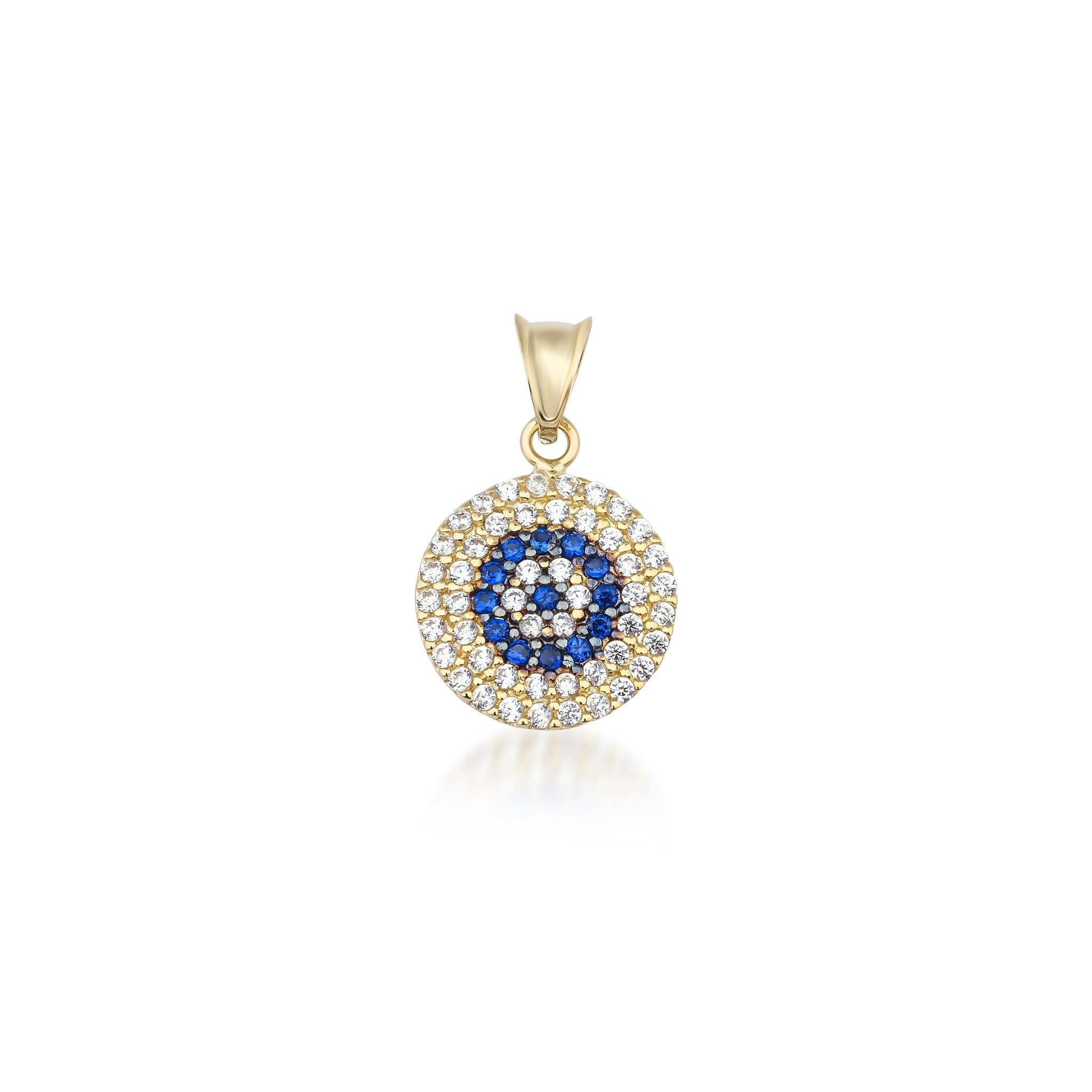 14K solid yellow gold round evil eye pendant with blue and clear CZ stones, perfect for everyday wear.