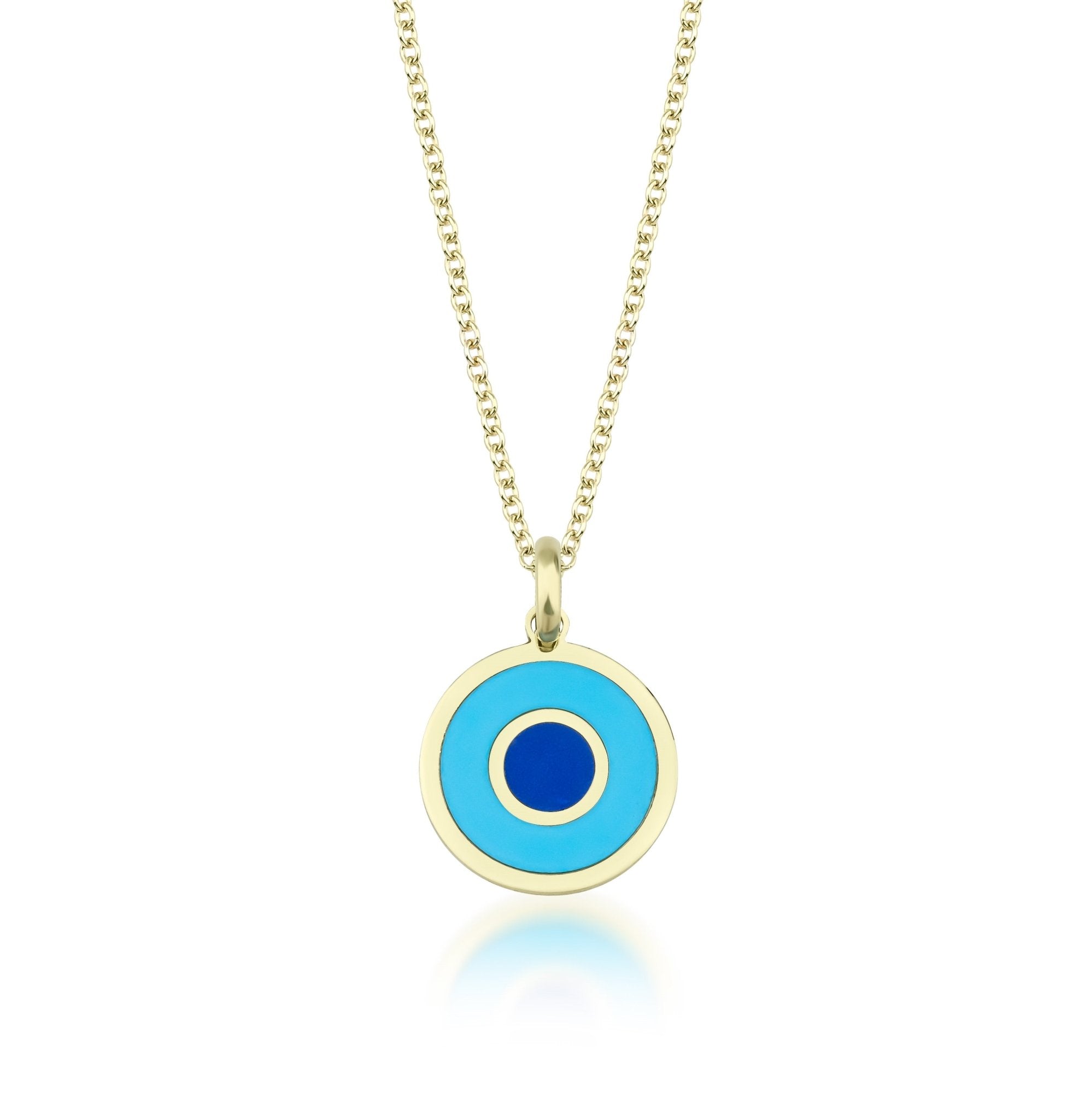14K yellow gold necklace featuring a round turquoise evil eye pendant, delicate and minimalist design, perfect for everyday wear.