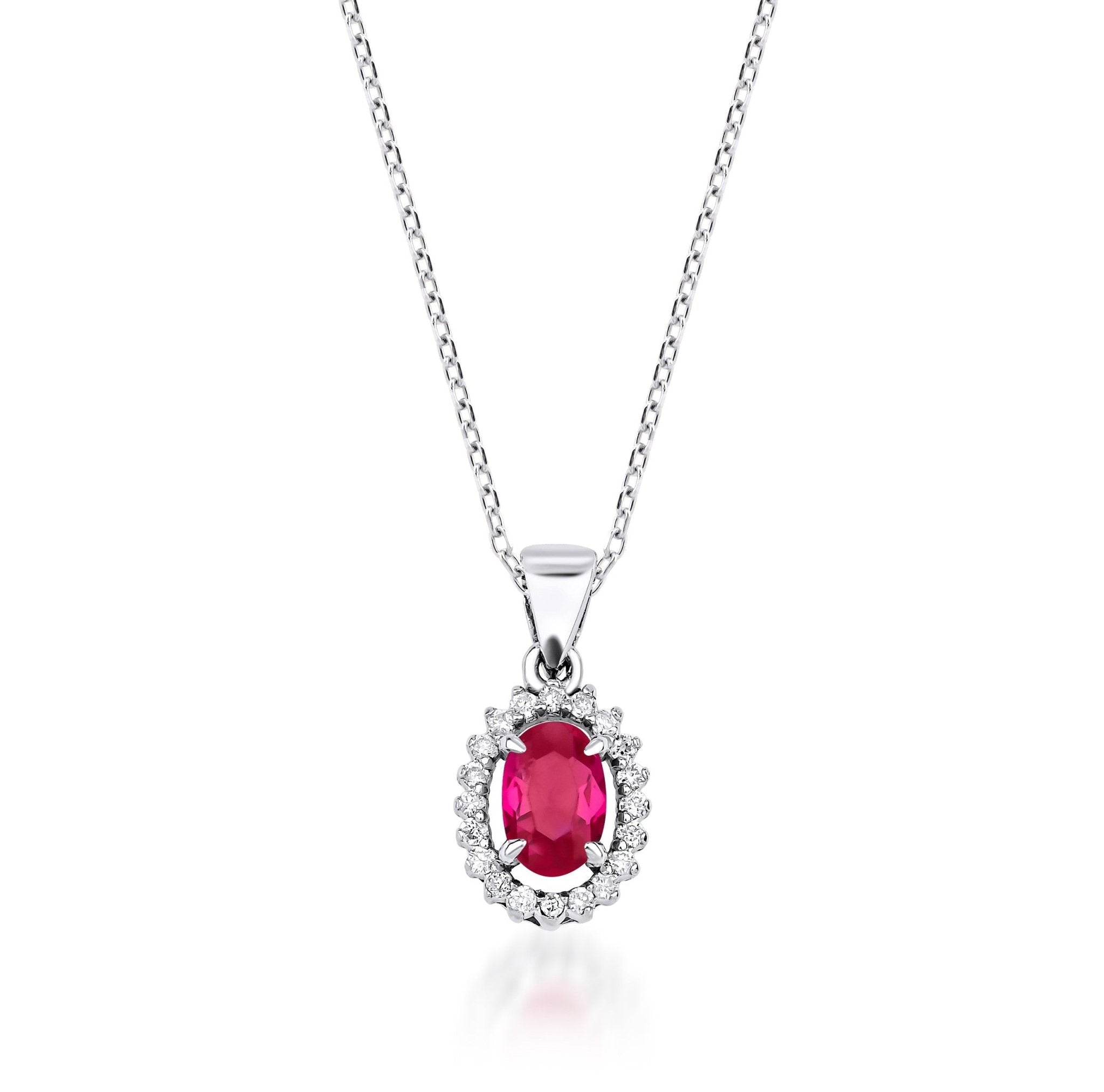 14K Yellow Gold Ruby and Diamond Solitaire Necklace with a vibrant ruby pendant and natural diamonds, perfect for daily wear.