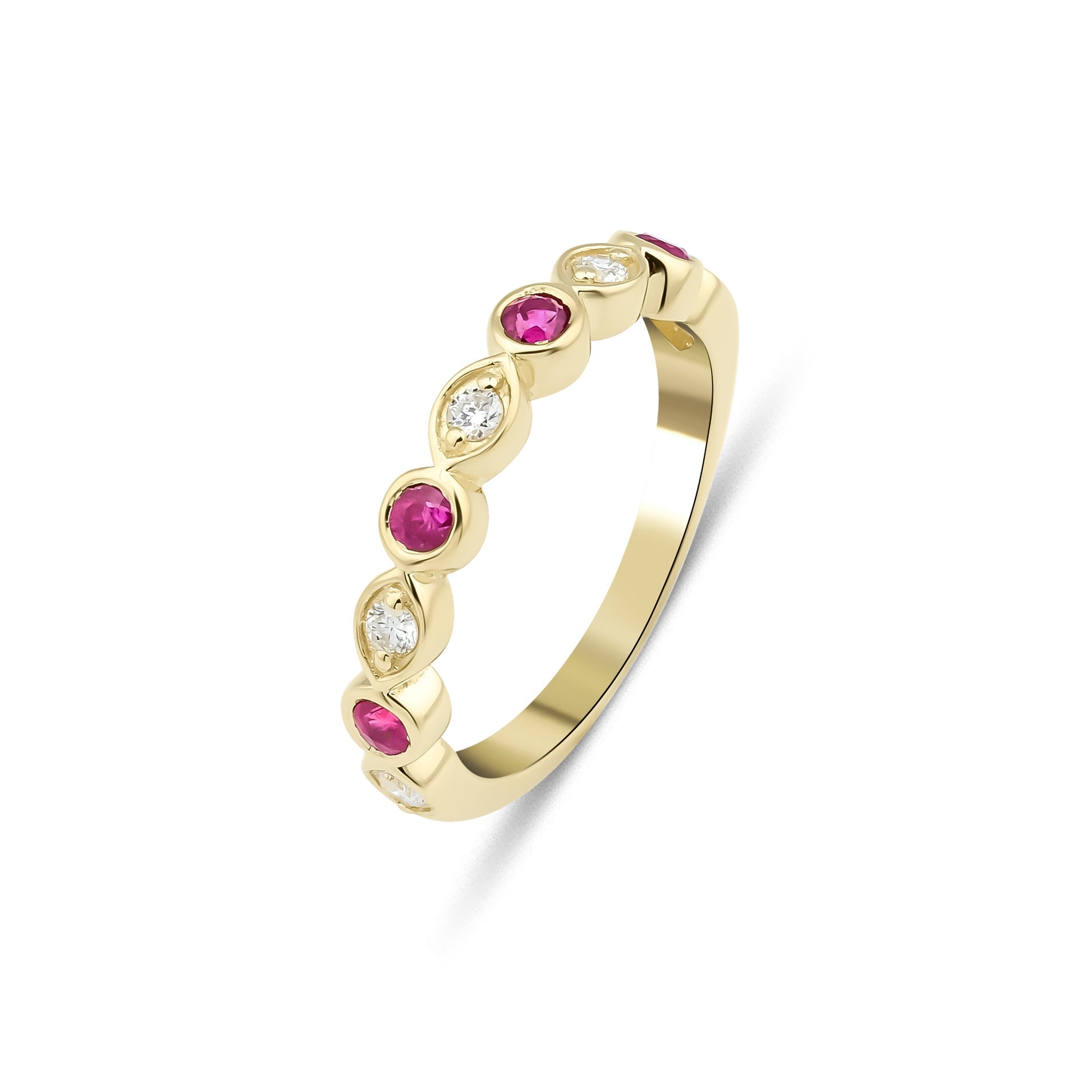 14K yellow gold wedding ring featuring round rubies and diamonds in a shiny finish, sizes 4-8.