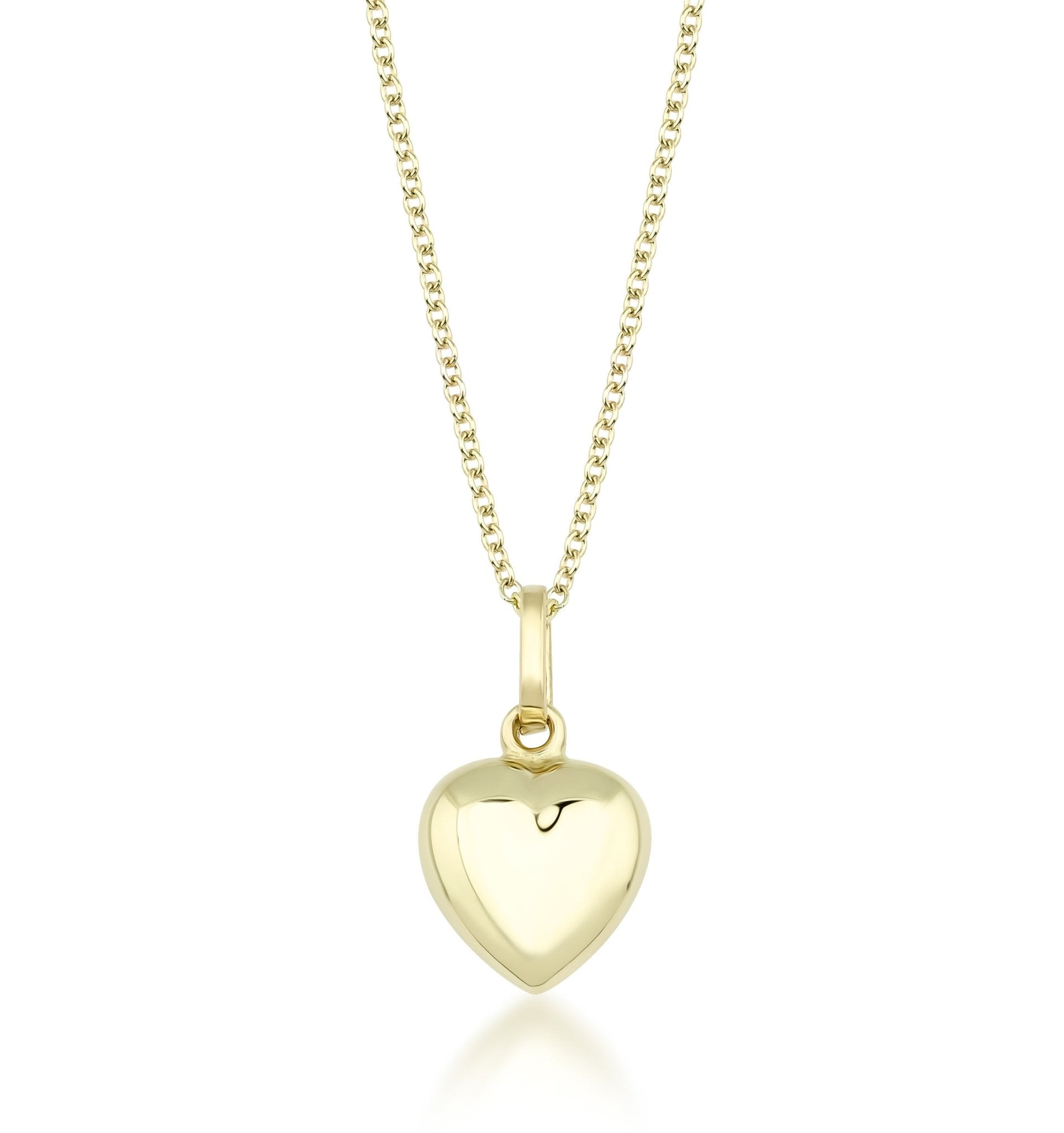 14K Yellow Gold shiny puffed heart necklace, dainty and elegant design for everyday wear.