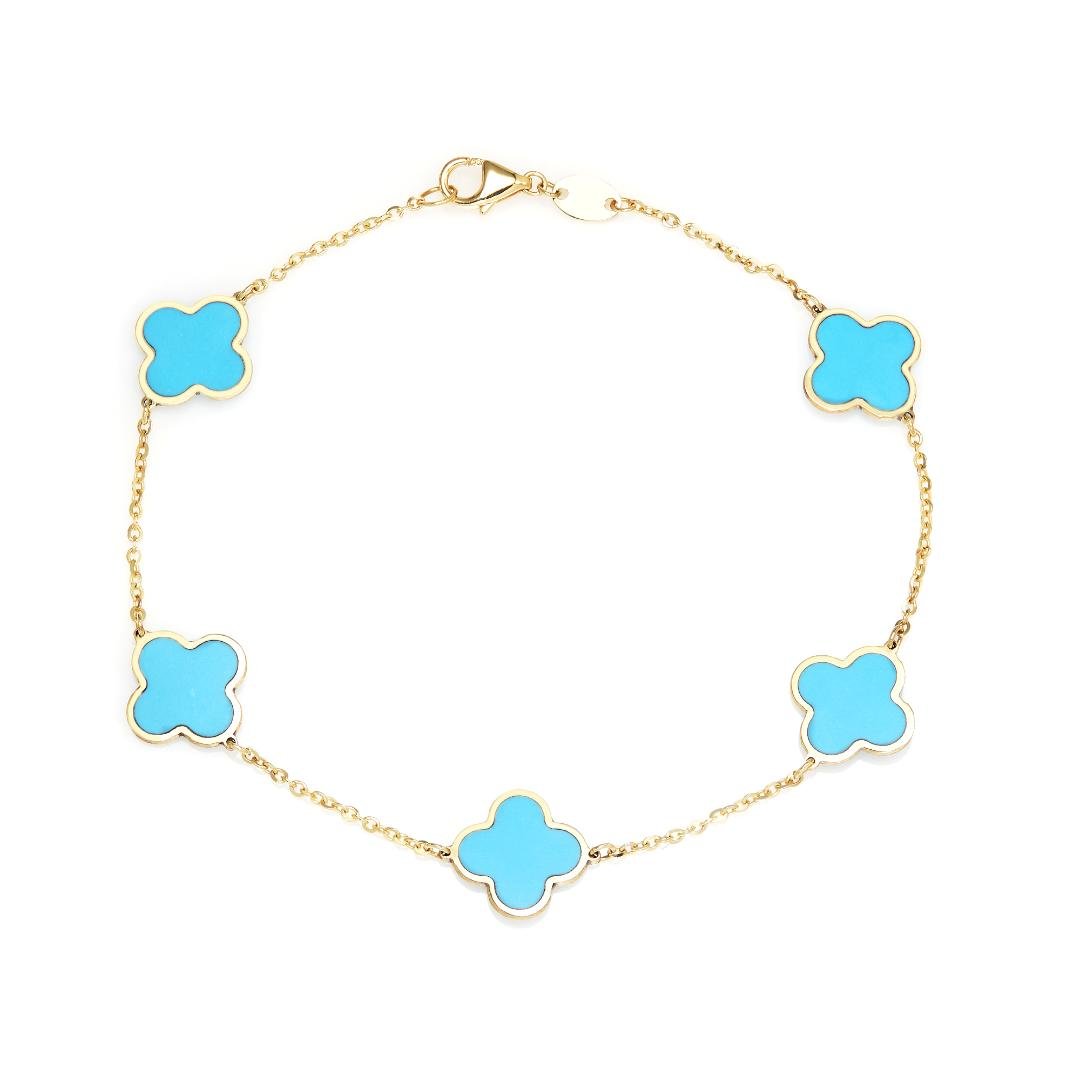 14K solid yellow gold four leaf clover bracelet with turquoise accents, elegant design, 7-inch length, perfect for everyday wear.