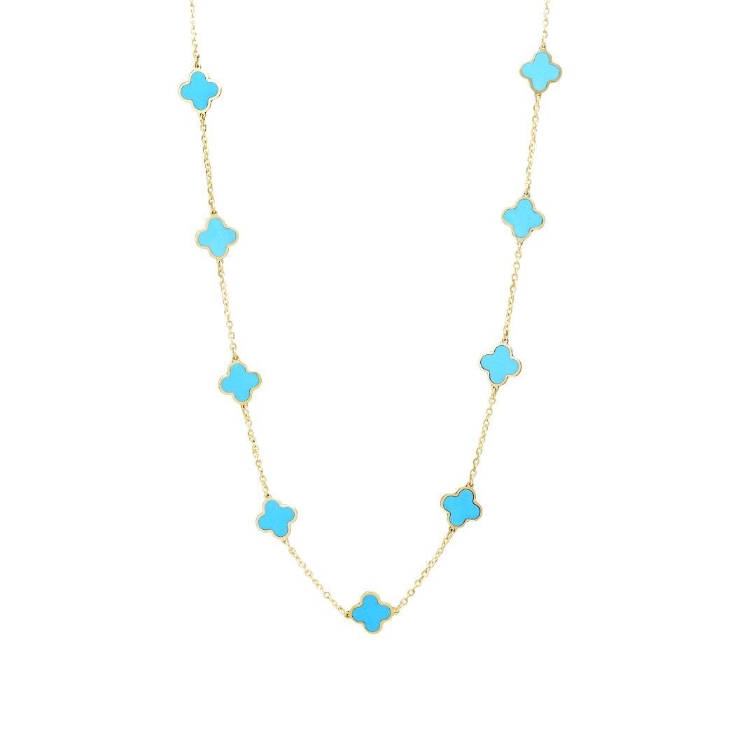 14K solid yellow gold necklace featuring turquoise four leaf clover stations, 16 to 17.5 inches, perfect for gifting.