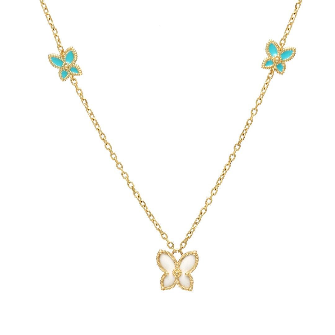 14K yellow gold enamel butterfly necklace with turquoise accents, delicate chain and lobster claw clasp, perfect for everyday wear.