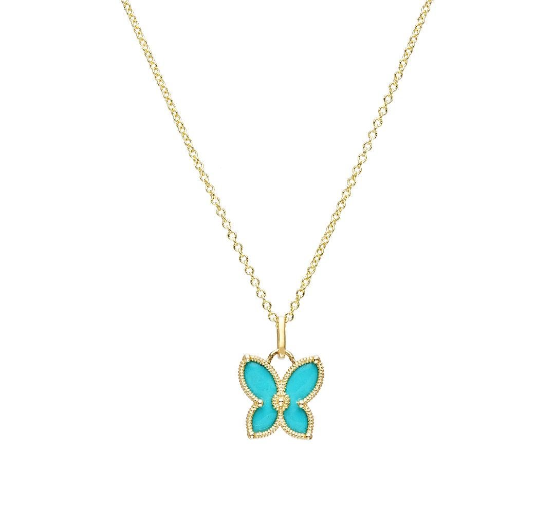 14K yellow gold butterfly necklace with turquoise enamel pendant, lightweight, elegant design, gift-ready.
