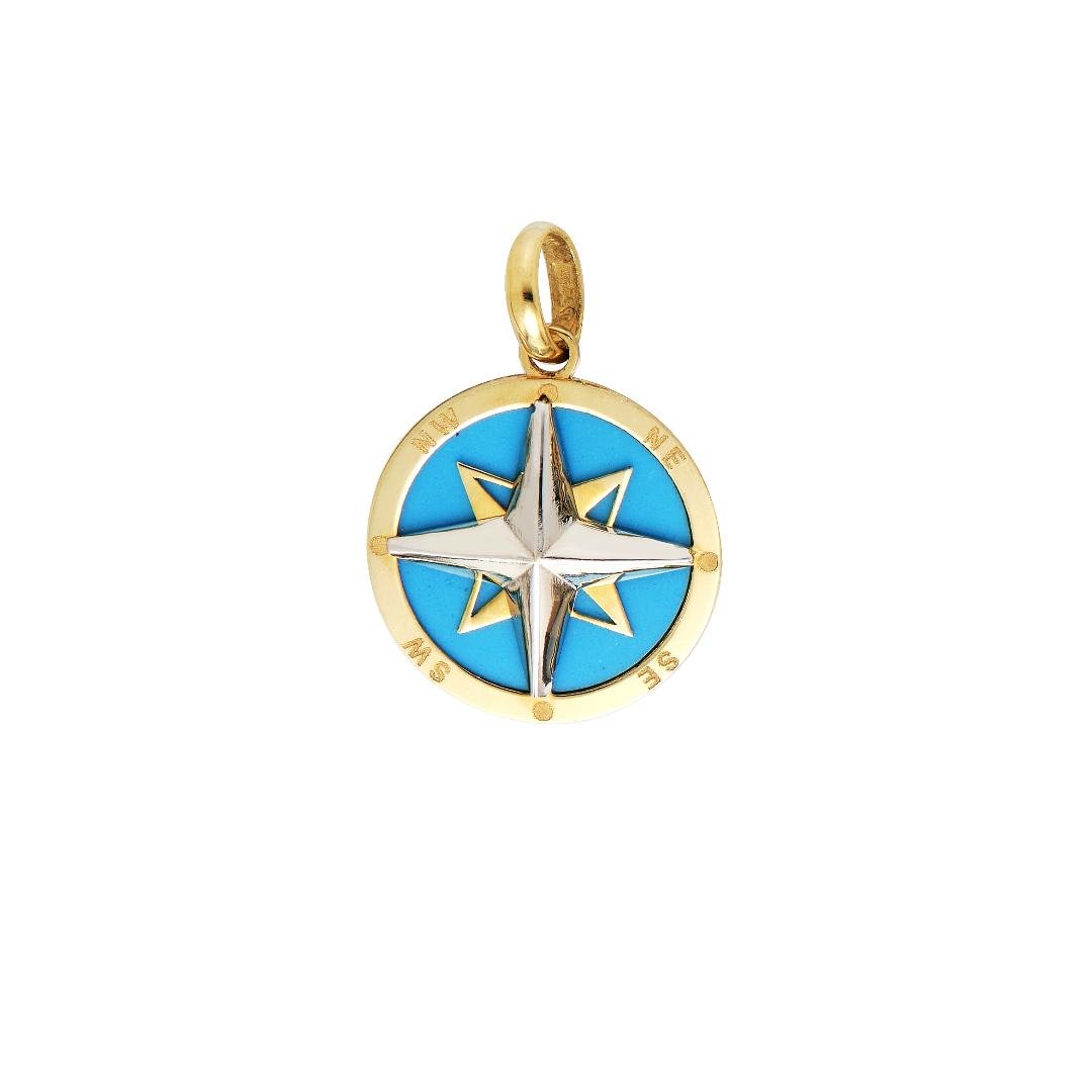 14K yellow gold turquoise compass pendant with silver star detail, perfect for a classy everyday necklace.