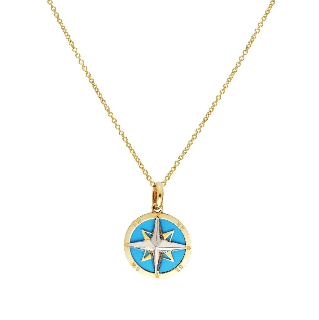 14K yellow gold turquoise compass pendant necklace with a 13mm compass design, perfect for everyday elegance.