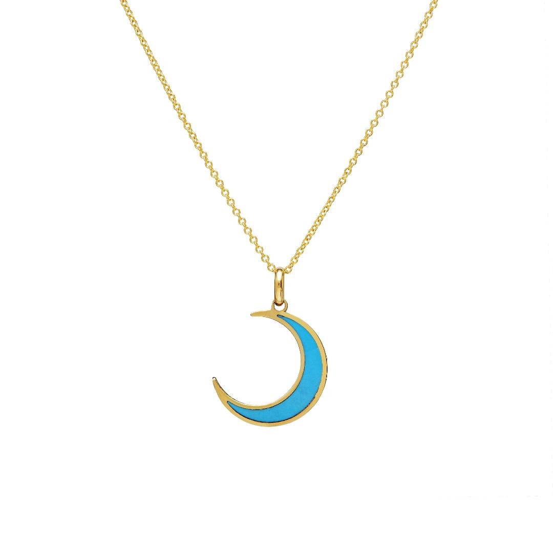 14K yellow gold crescent moon necklace with turquoise pendant, delicate and perfect for everyday wear.