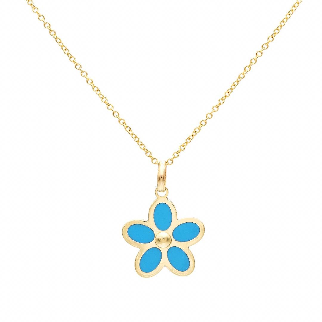 14K yellow gold dainty turquoise daisy flower pendant necklace, perfect for everyday wear and comes in a gift box.