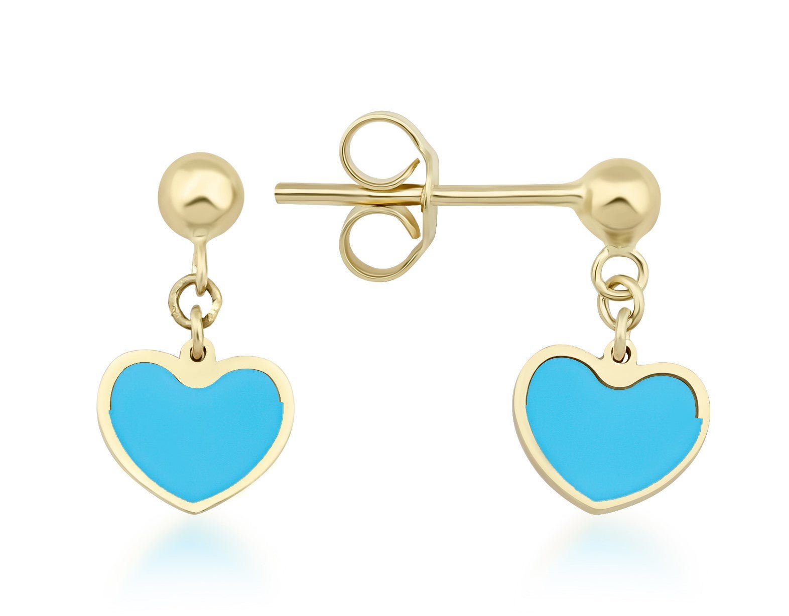14K yellow gold turquoise dangle heart earrings perfect for everyday wear, minimalist design, heart shape, solid gold construction.