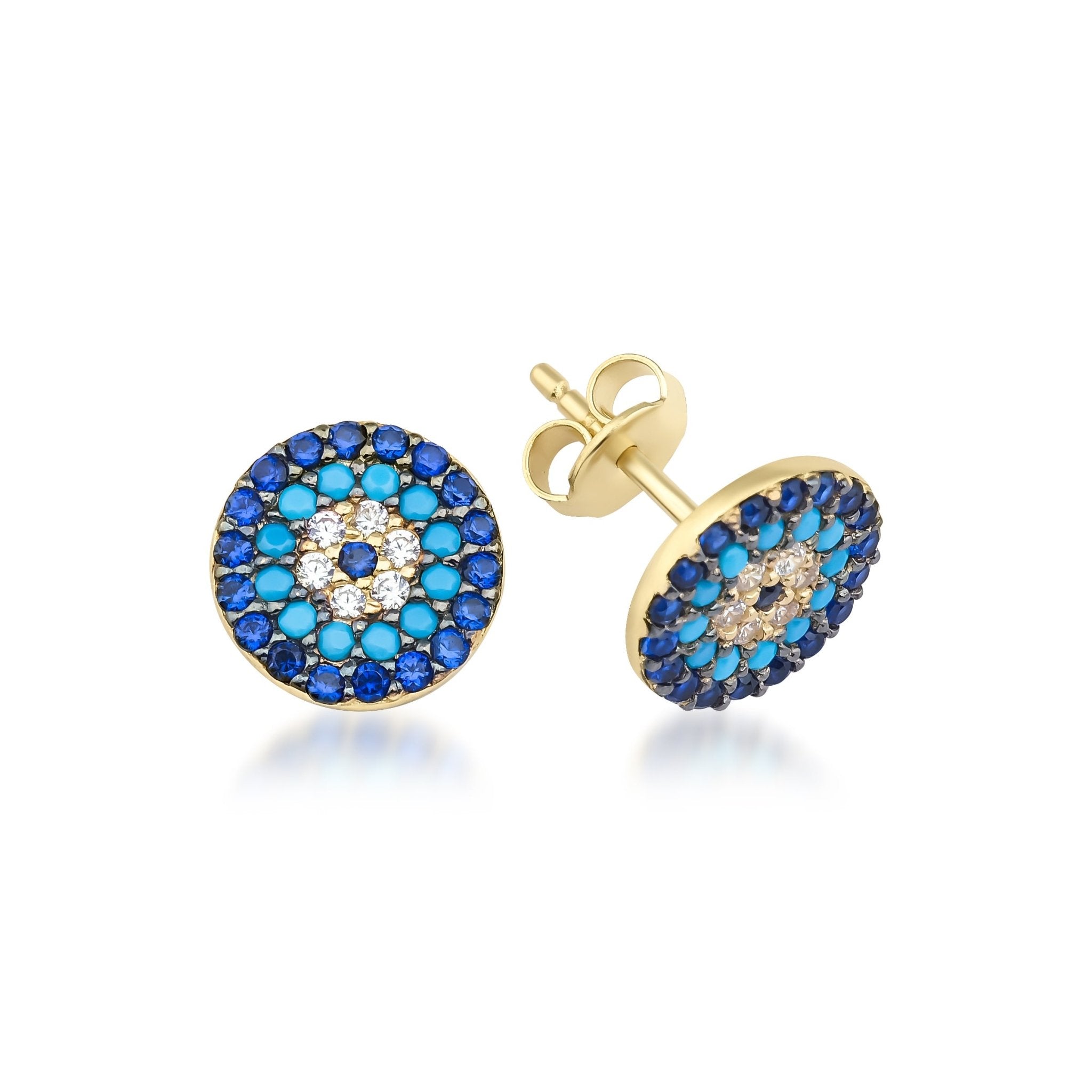 14K yellow gold turquoise evil eye stud earrings with CZ stones, minimalist design, perfect for everyday wear.