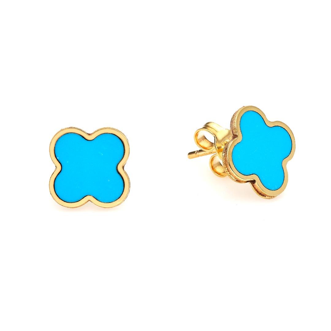 14K yellow gold natural turquoise four leaf clover stud earrings, perfect for everyday use.