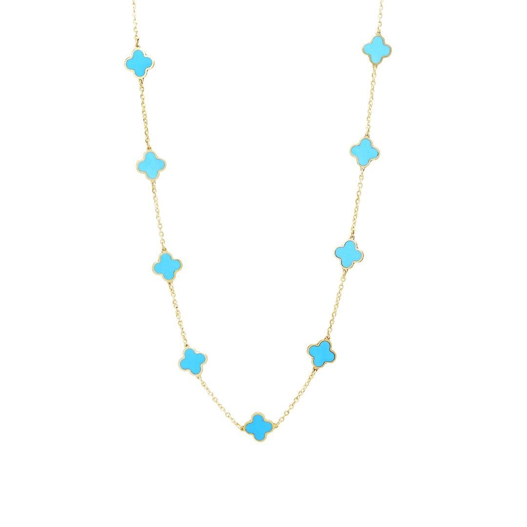 14K solid yellow gold necklace with turquoise four leaf clover stations, 16-17.5 inches long, elegant gift box included.