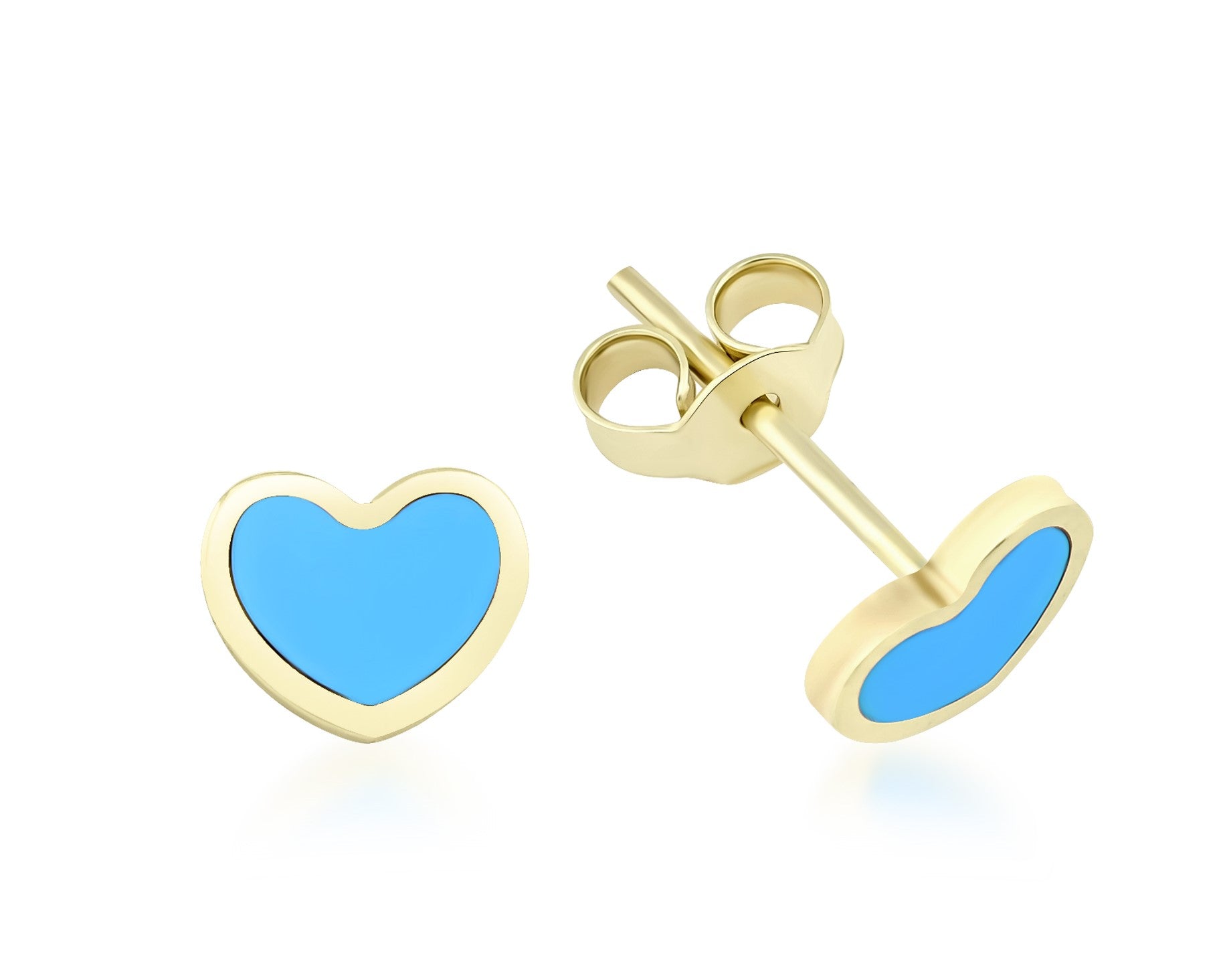 14K yellow gold turquoise heart stud earrings, minimalist design, perfect for everyday wear.