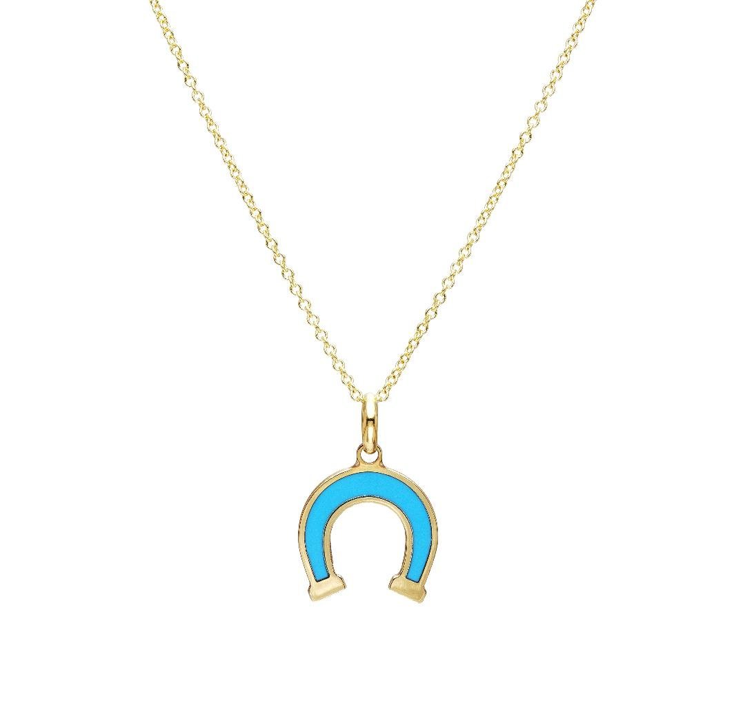 14K yellow gold horseshoe necklace with turquoise pendant, perfect for everyday wear, elegantly designed and presented in a gift box.